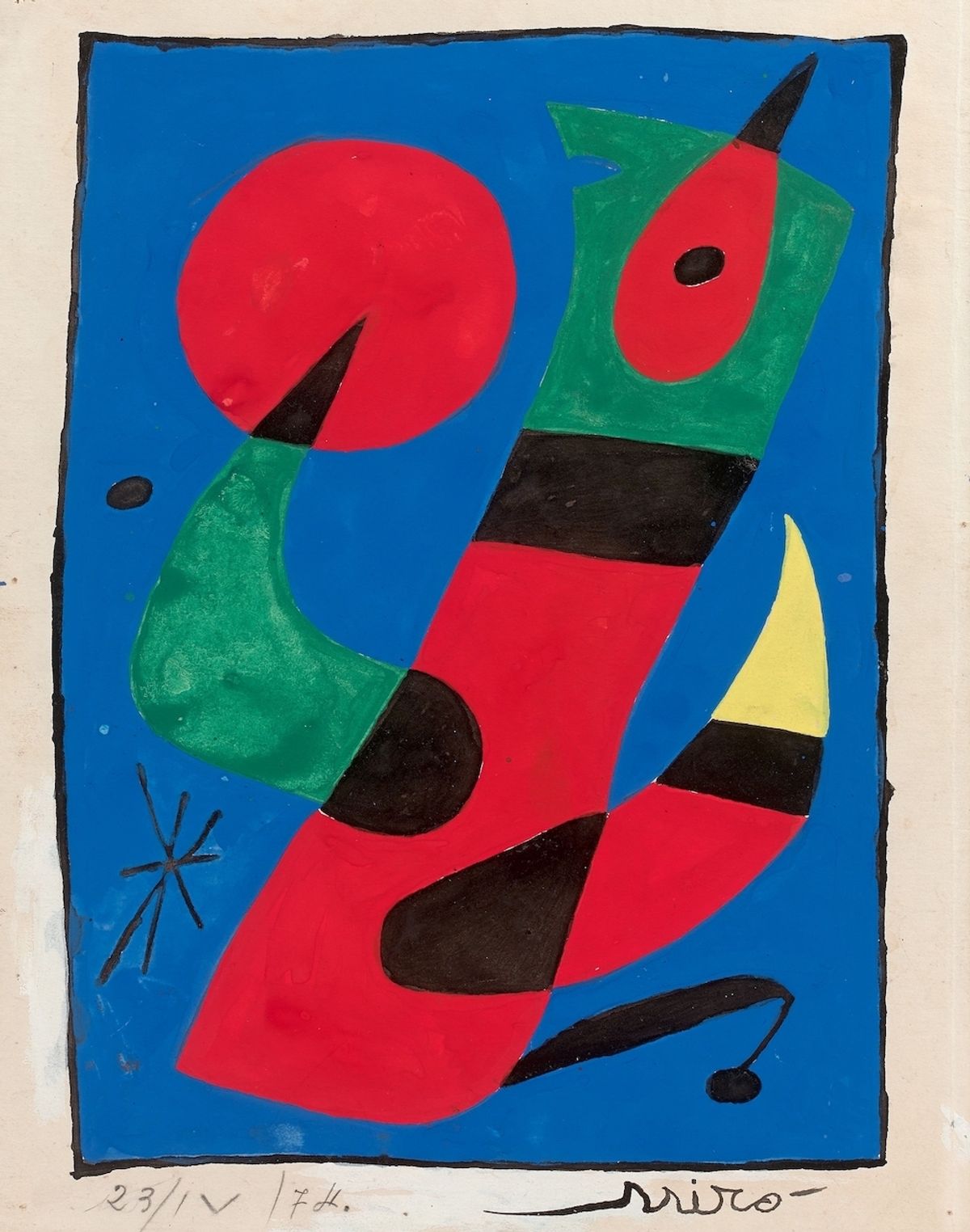 Joan Miró, L’Oiseau Bleu, 1974, gouache et encre de Chine, est. 180 000-250 000 euros. © Beaussant Lefèvre & Associés