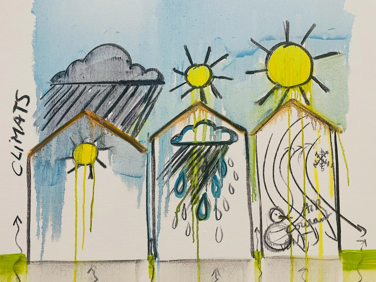 Fabrice Hyber, Climats, 2023, huile et fusain sur toile, 120 x 200 cm. © Droits réservés, Fabrice Hyber, Adagp, Paris 2024