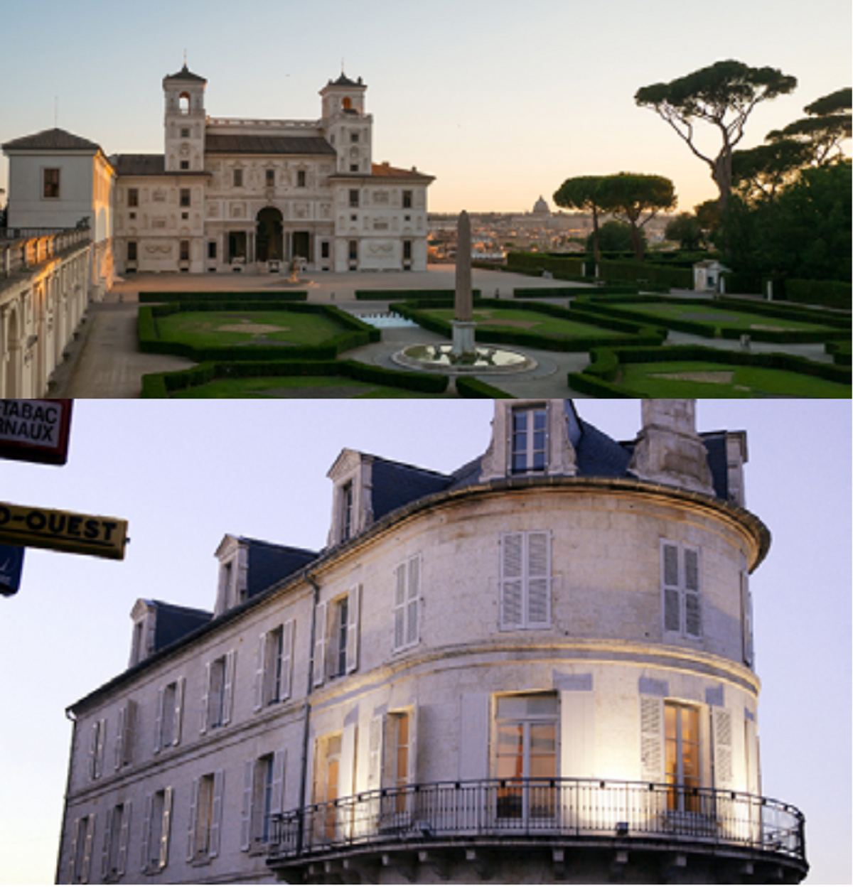 Vues de la Villa Médicis à Rome et de la Maison des auteurs à Angoulême. Courtesy Académie de France-Villa Médicis & CIBDI. © A. Bocos Gil