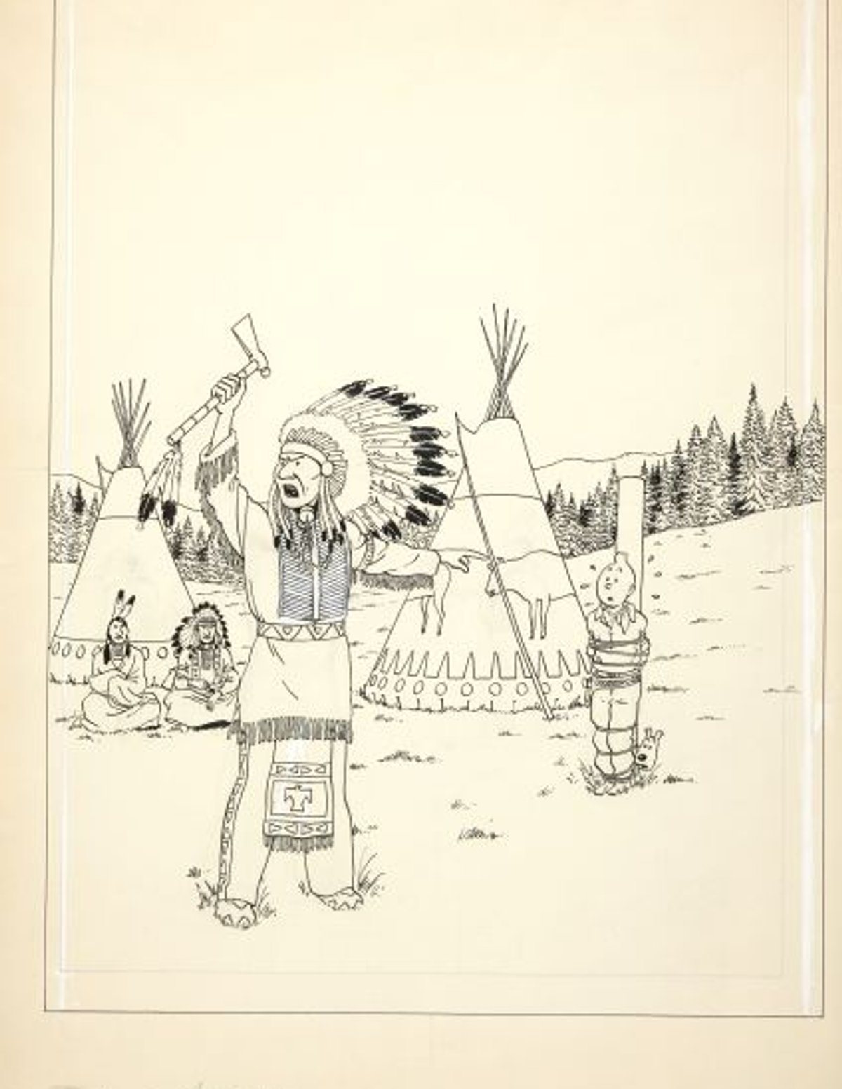 Hergé (Georges Remi, dit), Tintin en Amérique, 1942, encre de Chine, mine de plomb et gouache correctrice, est. 2,2-3,2 millions d’euros.
© Artcurial/Hergé/Tintinimaginatio 2023