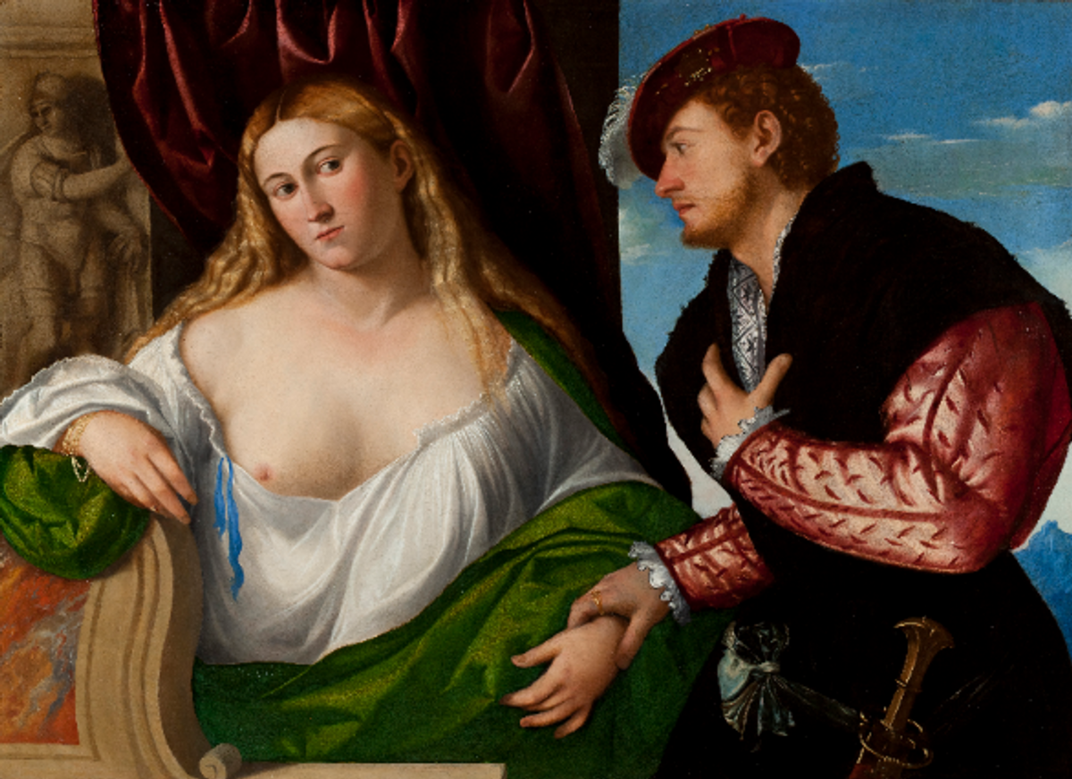 Bernardino Licinio, Jeune femme et son prétendant, huile sur panneau de bois. Courtesy de la galerie Canesso, Paris.