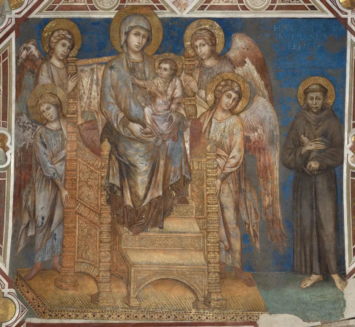 Cimabue, Madone trônant avec l’enfant, quatre anges et saint François (vers 1285-1288). Tecnireco