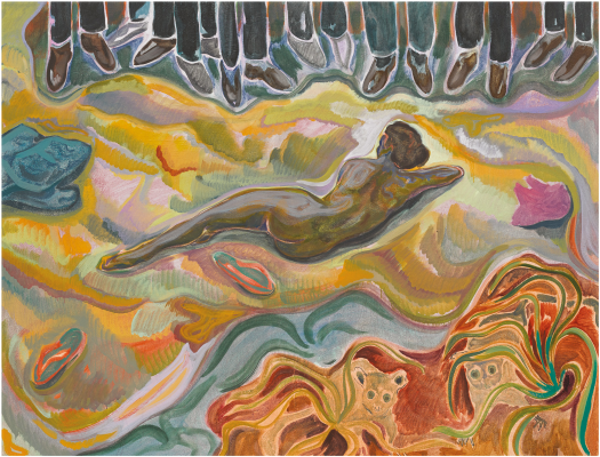 Michael Armitage, #mydressmychoice, 2015, huile sur toile lugubo.
© Michael Armitage. Photo White Cube (George Darrel)