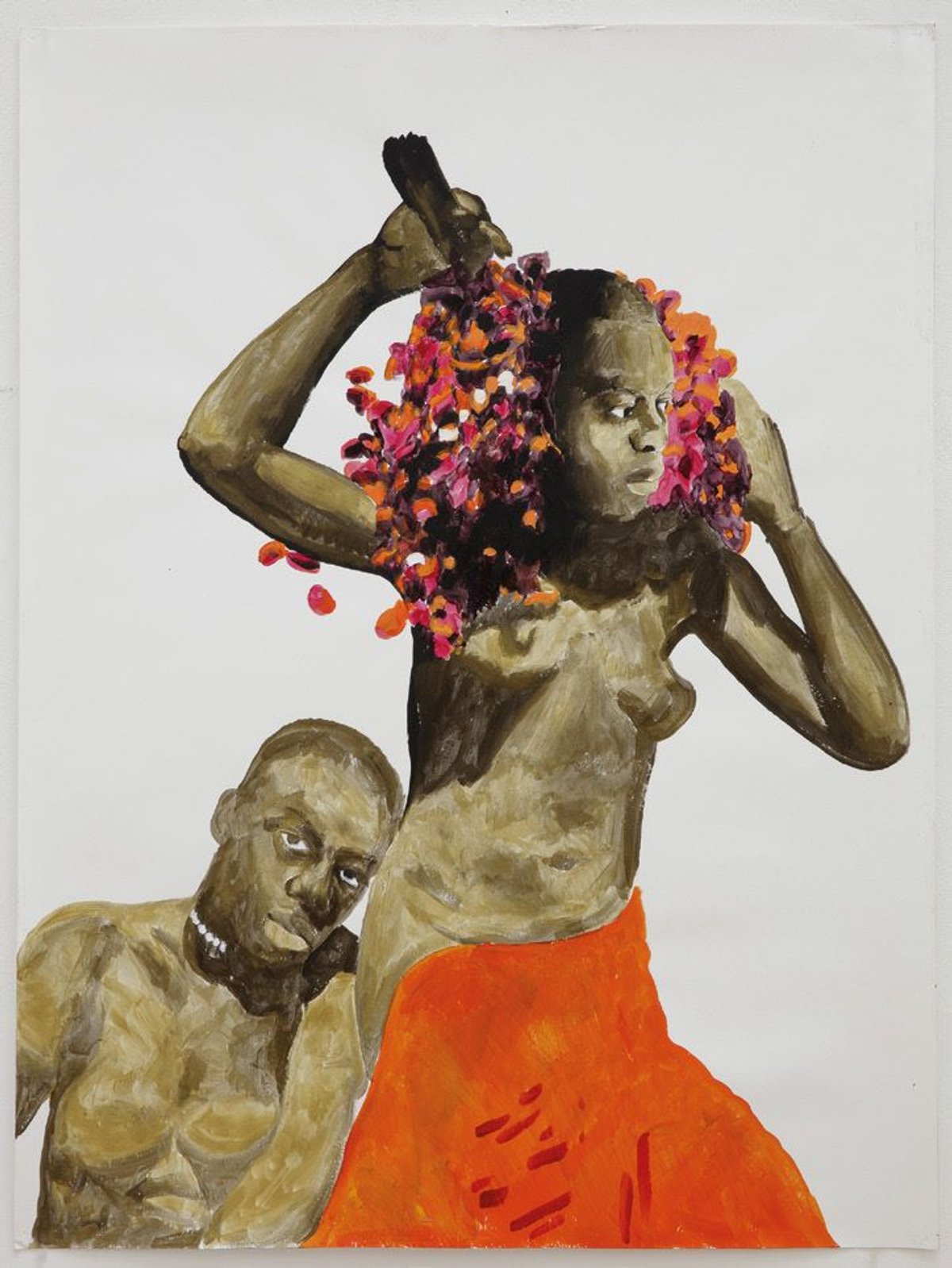 Roméo Mivekannin, D’après « Femmes noires récoltant des dattes » de Jacques Majorelle (1930), 2025, acrylique sur papier. Courtesy de l’artiste et de la galerie Eric Dupont, Paris