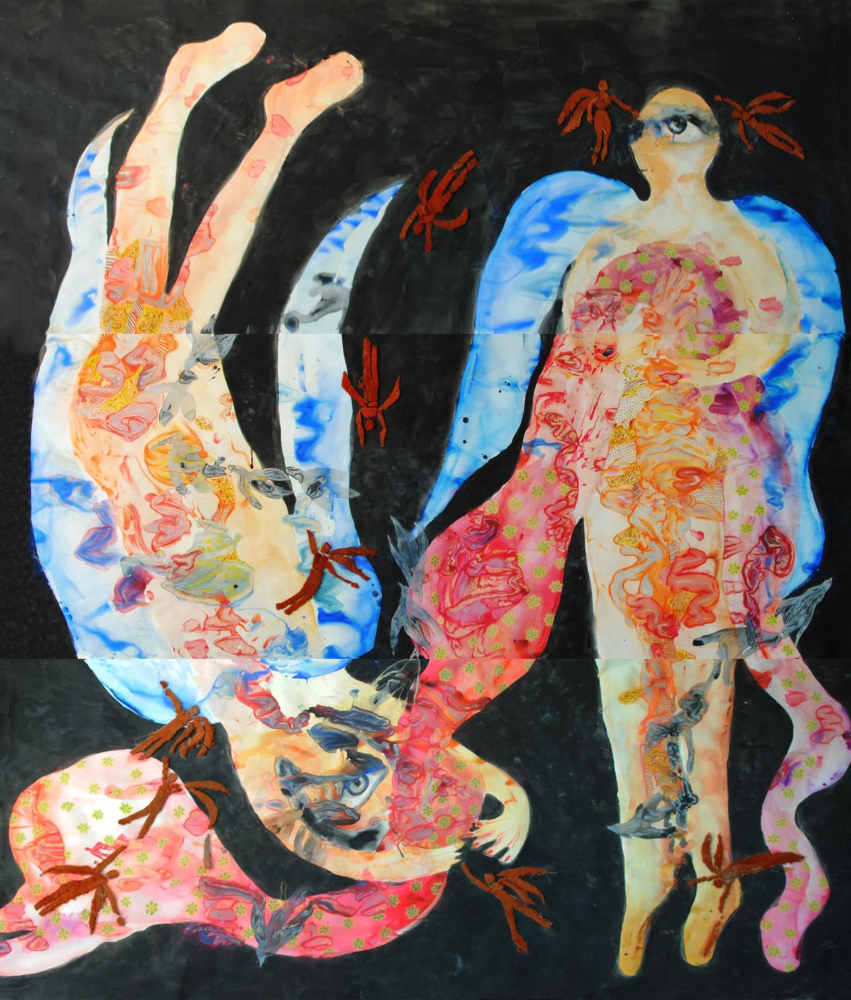 Alymamah Rashed, I Am The Circle Of Your Sky And An Angel In Flight (You are the wings of my sujood), 2023, aquarelle, pastel et tissu sur papier. Courtesy de l’artiste et de Hunna Art