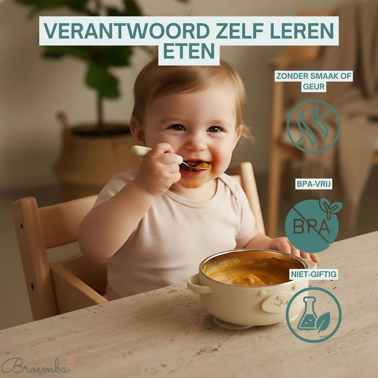 Broemba rvs baby lepel en vork beige