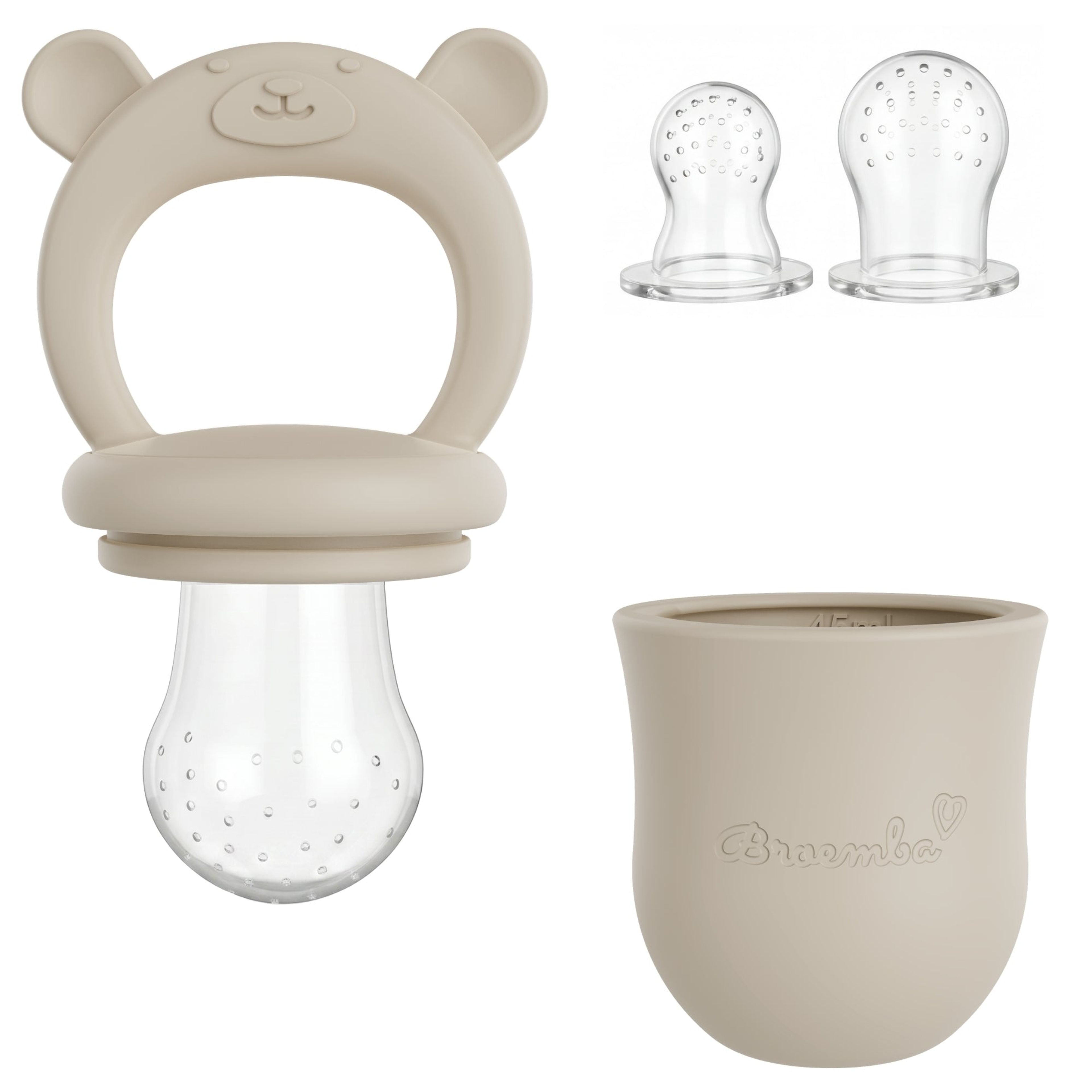 Beige fruitspeen van siliconen met 3 maten spenen voor baby's, ideaal voor eerste hapjes en als bijtring.