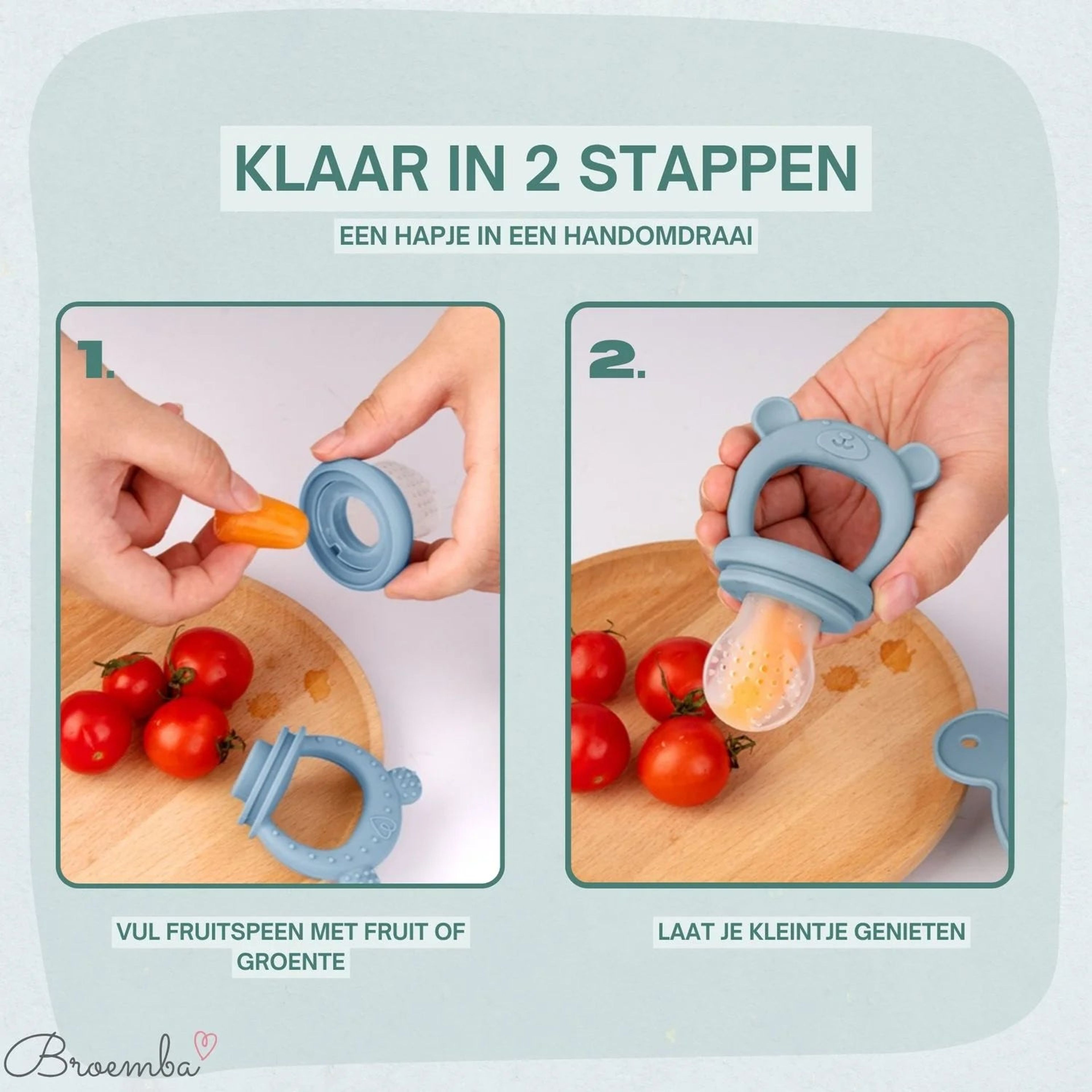 Sucette à fruits en silicone bleue avec tétine douce, convient pour les fruits, les légumes et comme anneau de dentition.