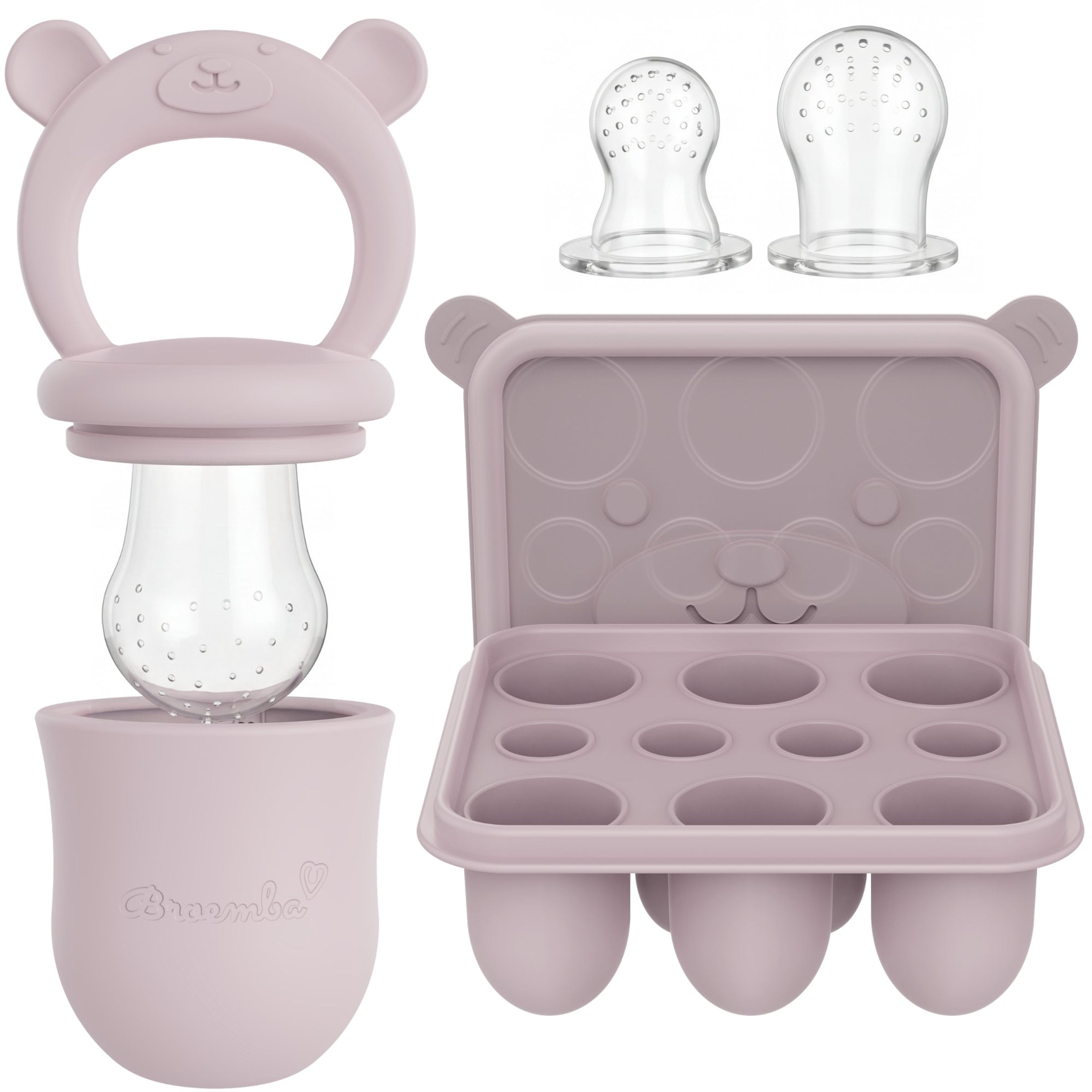 Roze fruitspeen en ijsblokjesvorm voor baby's eerste hapjes, compleet met 3 spenen.