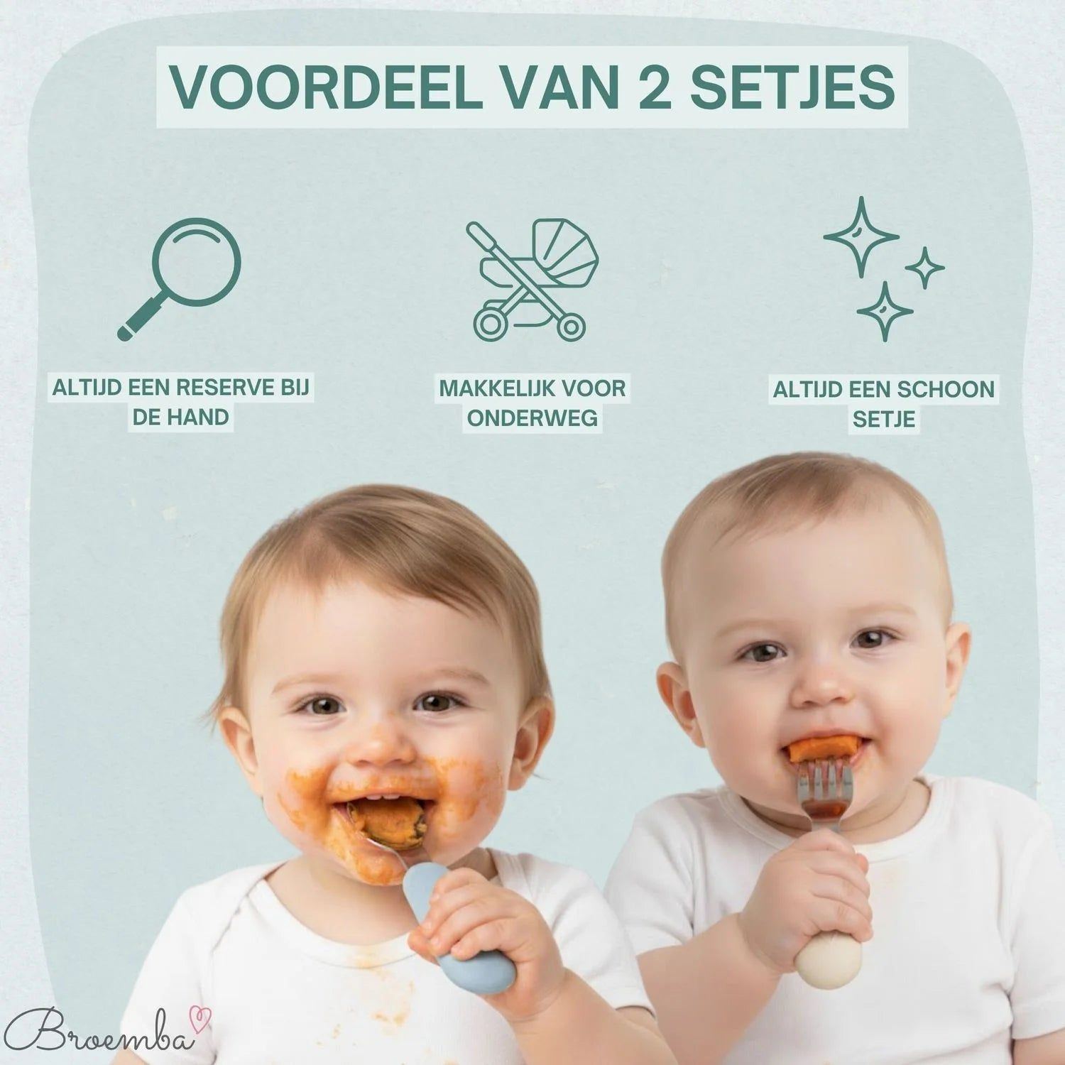 Broemba rvs baby lepel en vork set beige / blauw
