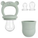 Sucette à fruits en silicone verte avec poignée et tétines supplémentaires, idéale pour les repas de bébé.