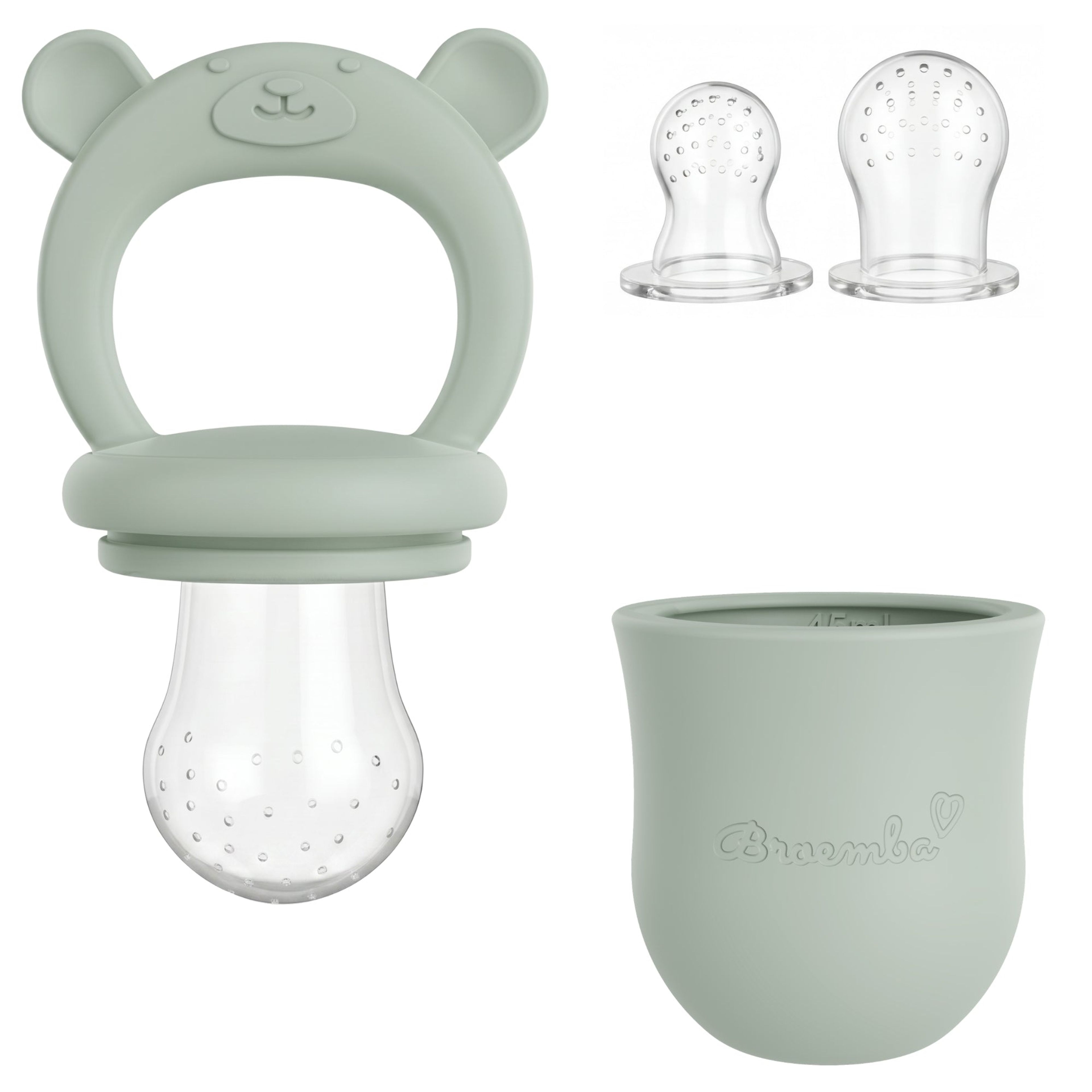 Groene siliconen fruitspeen met handvat en extra spenen, ideaal voor babyhapjes.