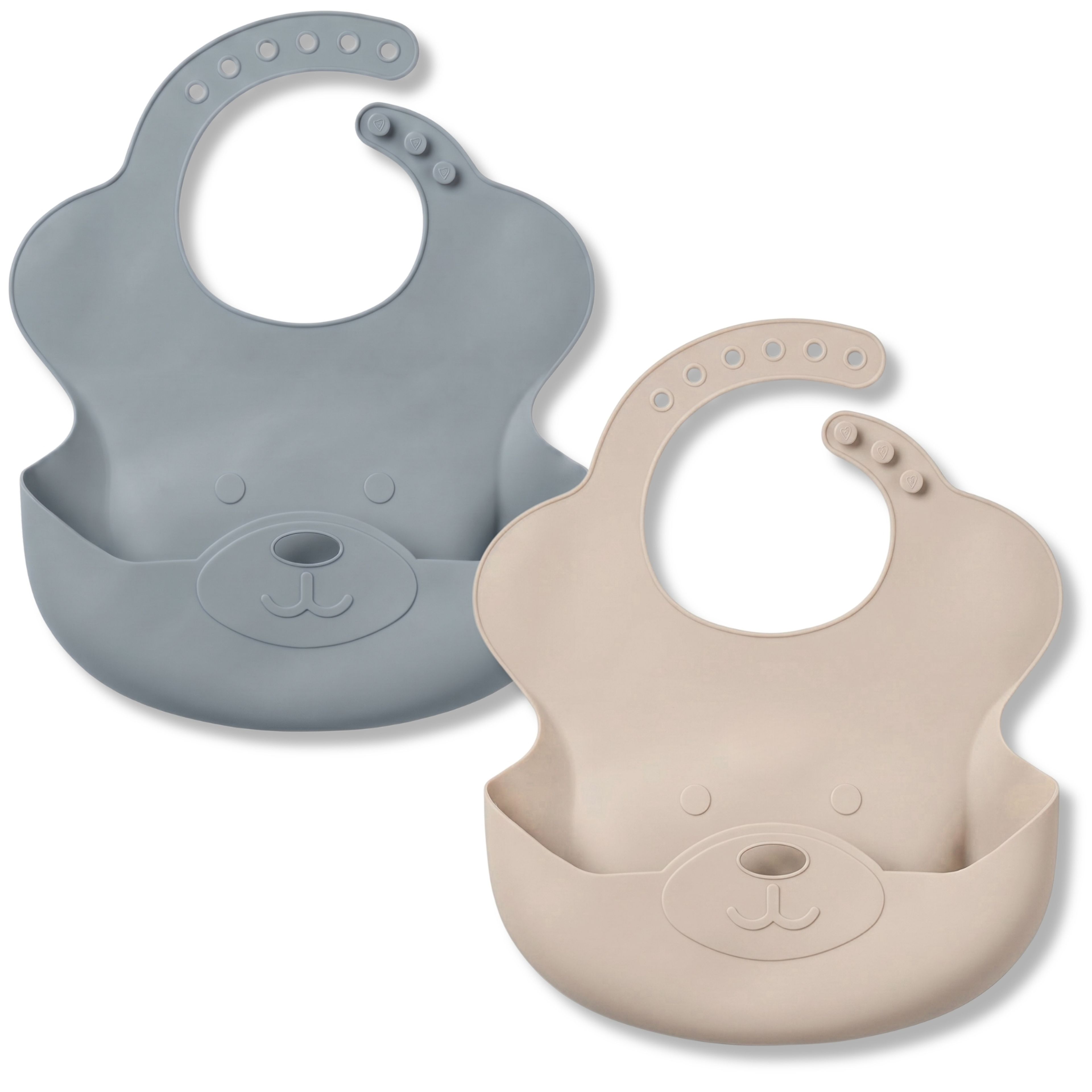 Set van 2 siliconen slabbetjes in beige en blauw, met geïntegreerde opvangbak voor minder vlekken.