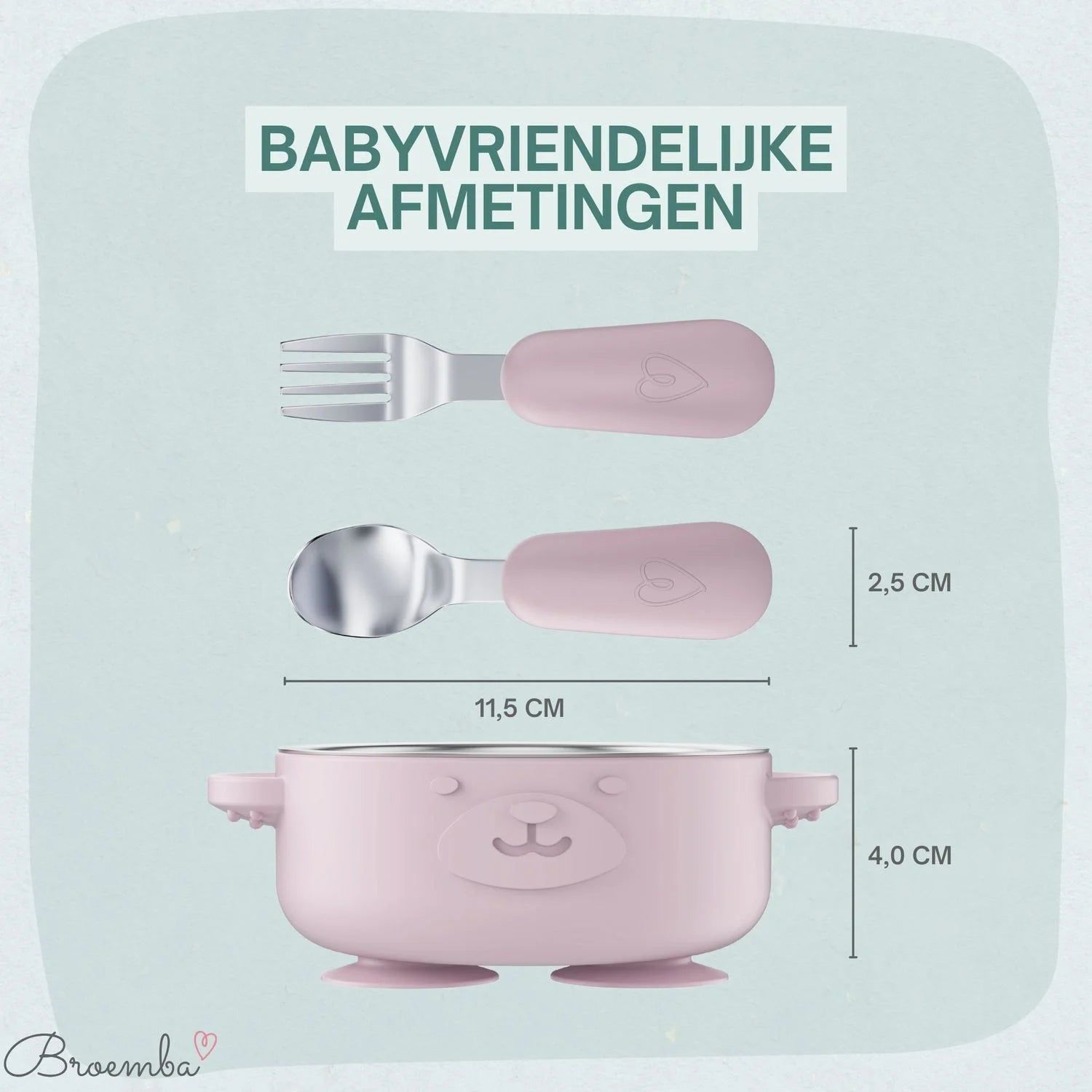 Broemba RVS baby kom met zuignap en bestek roze