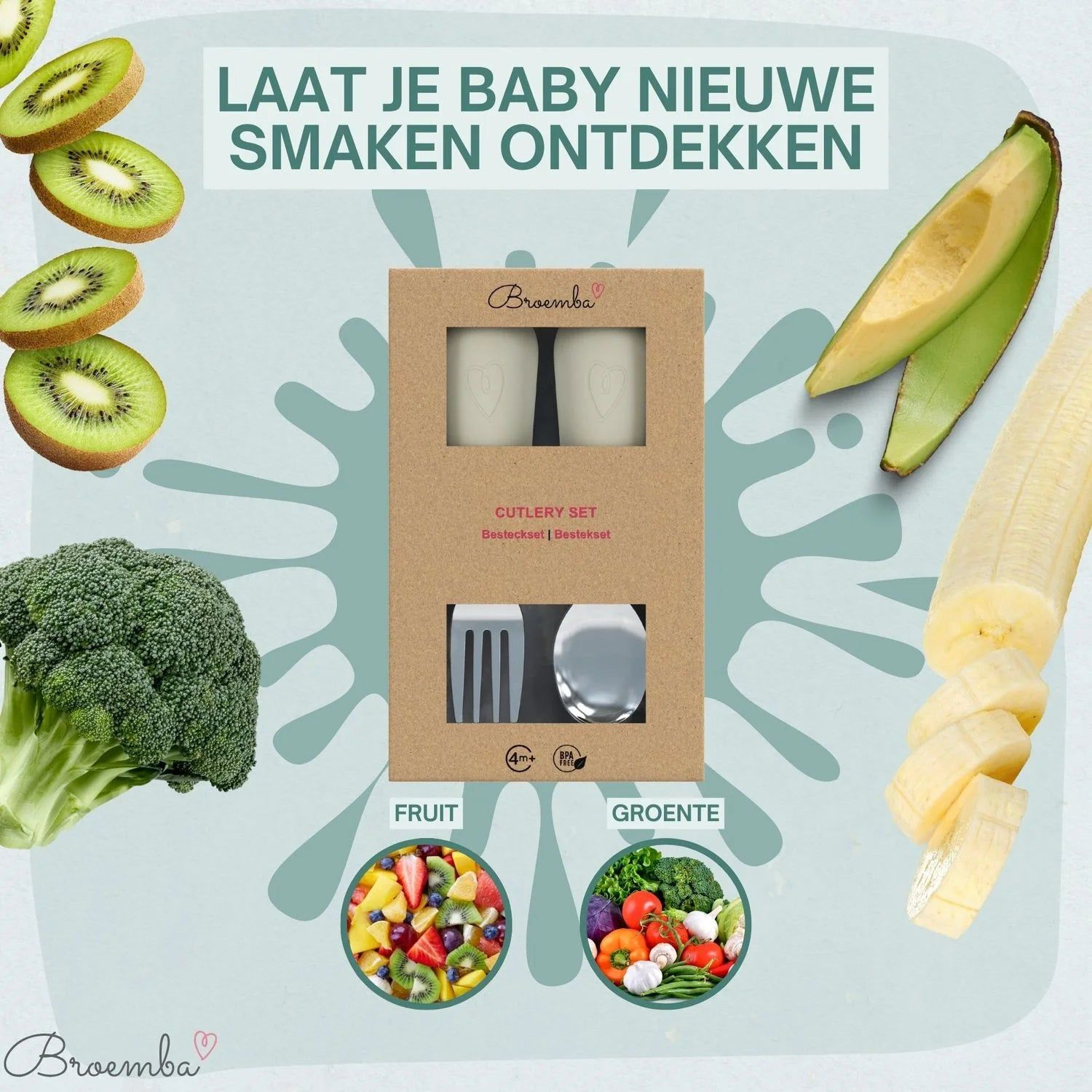 Broemba rvs baby lepel en vork beige