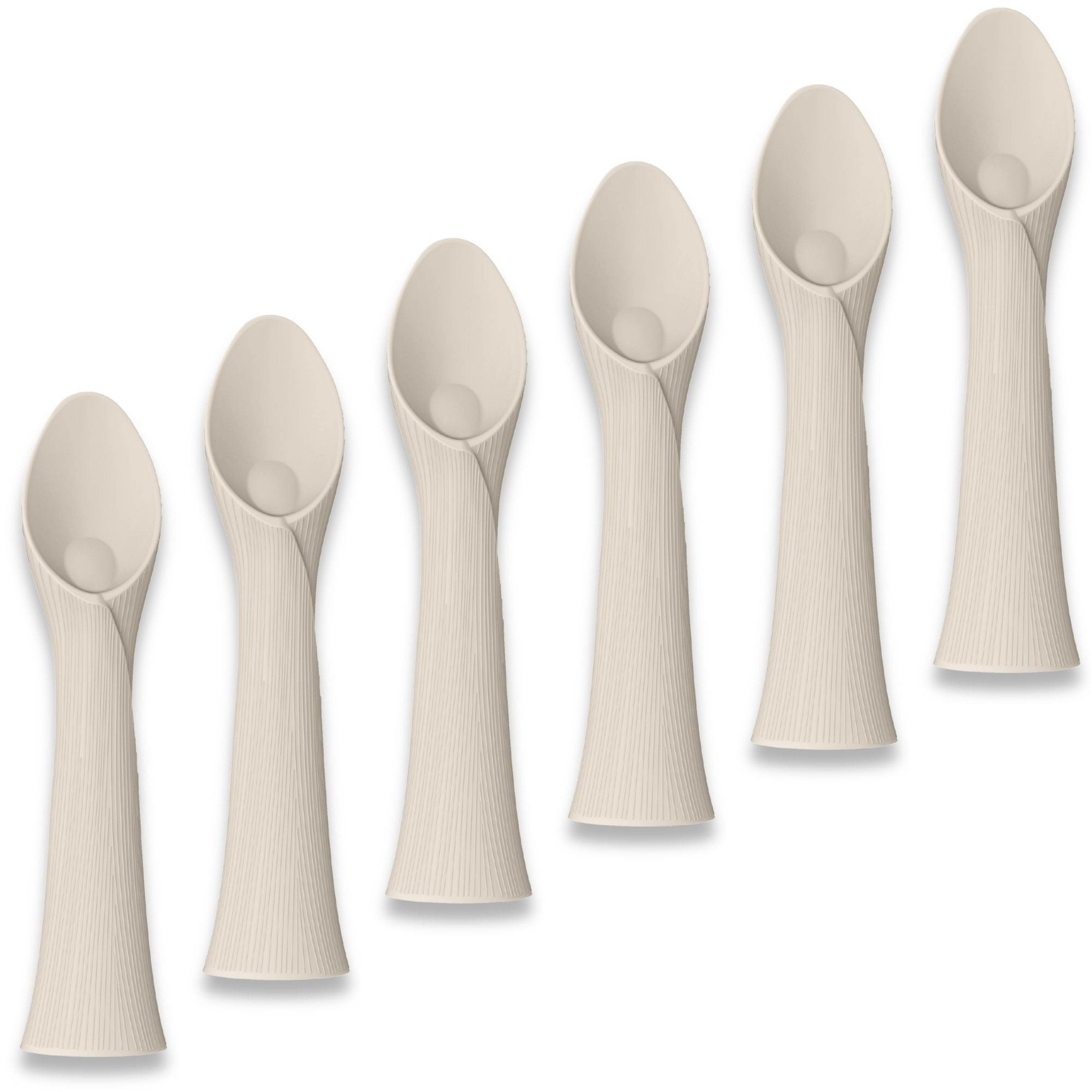 Set van zes beige siliconen oefenlepels voor baby's, ideaal voor de eerste hapjes en zelfstandig eten.