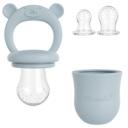 Sucette à fruits en silicone bleue avec tétine douce, convient pour les fruits, les légumes et comme anneau de dentition.