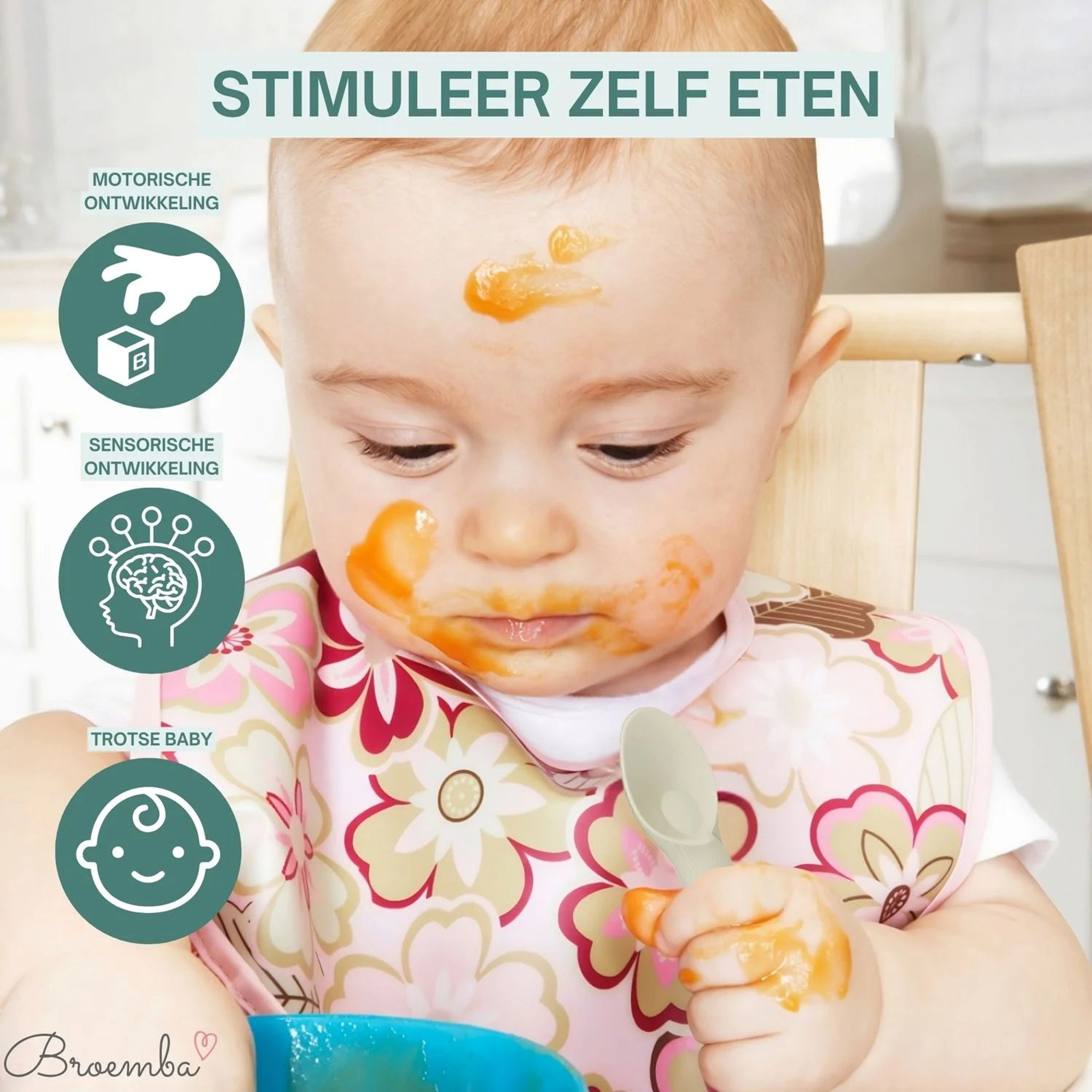 Broemba baby oefenlepel en hulplepel met zuignap in beige