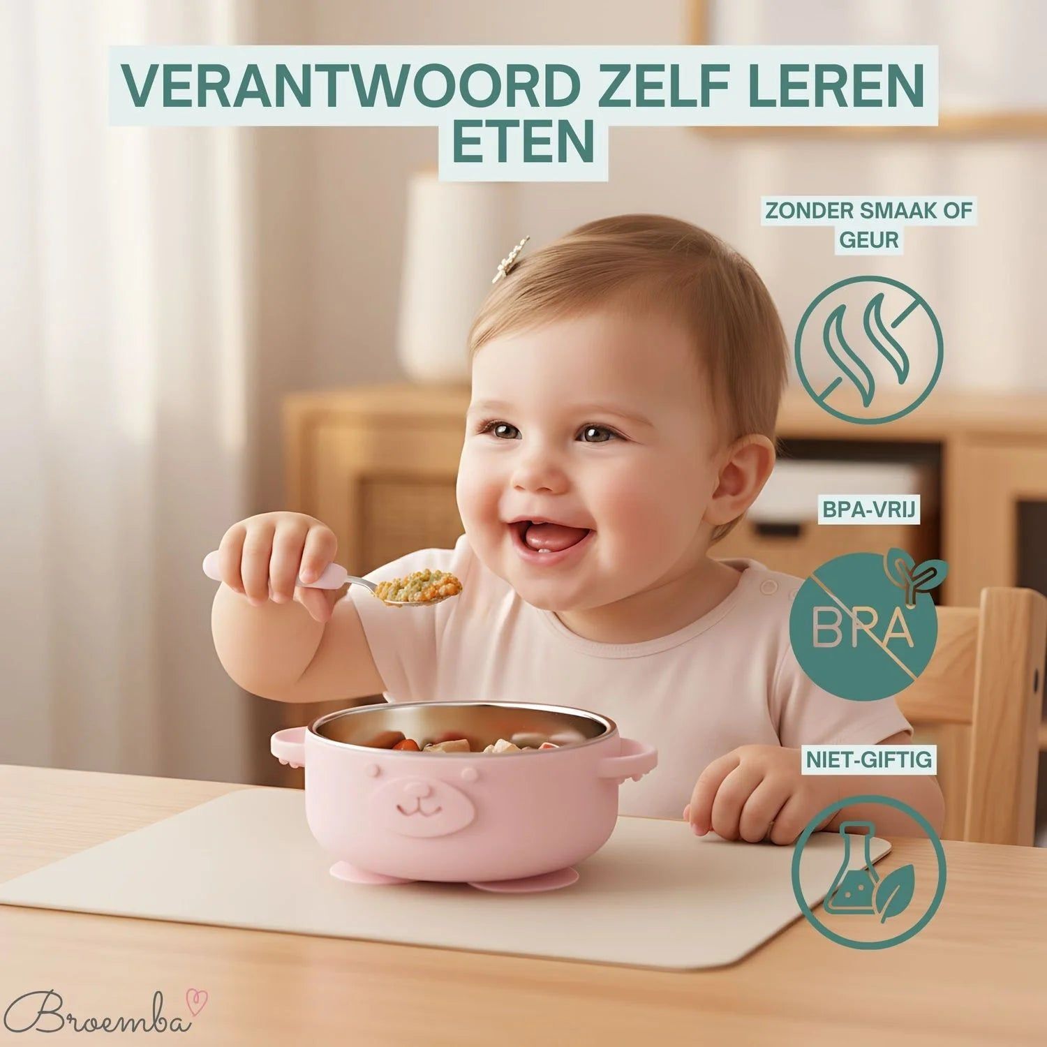 Broemba rvs baby lepel en vork set beige / roze