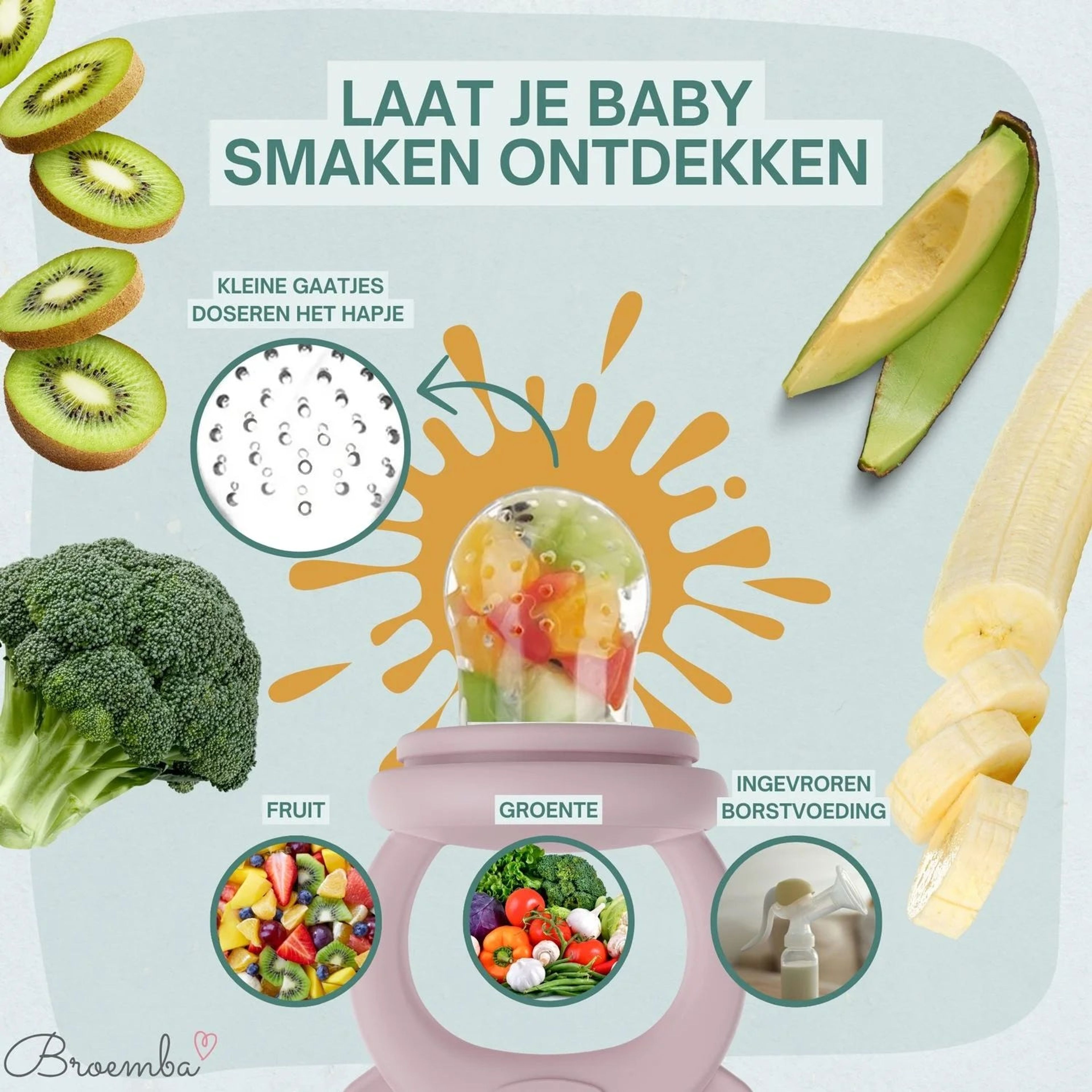 Grignoteuse à fruits bébé rose. Tétine en silicone souple et poignée pratique. Prête à l'emploi.