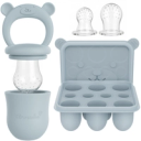 Blauwe baby fruitspeen met drie siliconen spenen in verschillende maten en een ijsblokjesvorm voor babyvoeding.