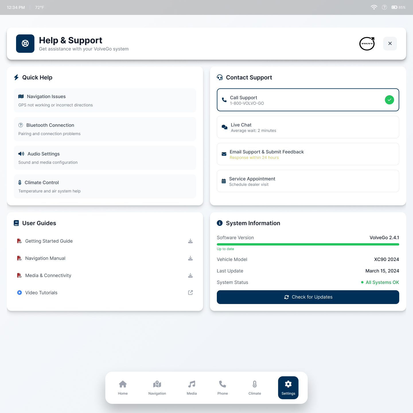 Volvo Infotainment Help and Settings View - Allowing users to post feedback within the infotainment