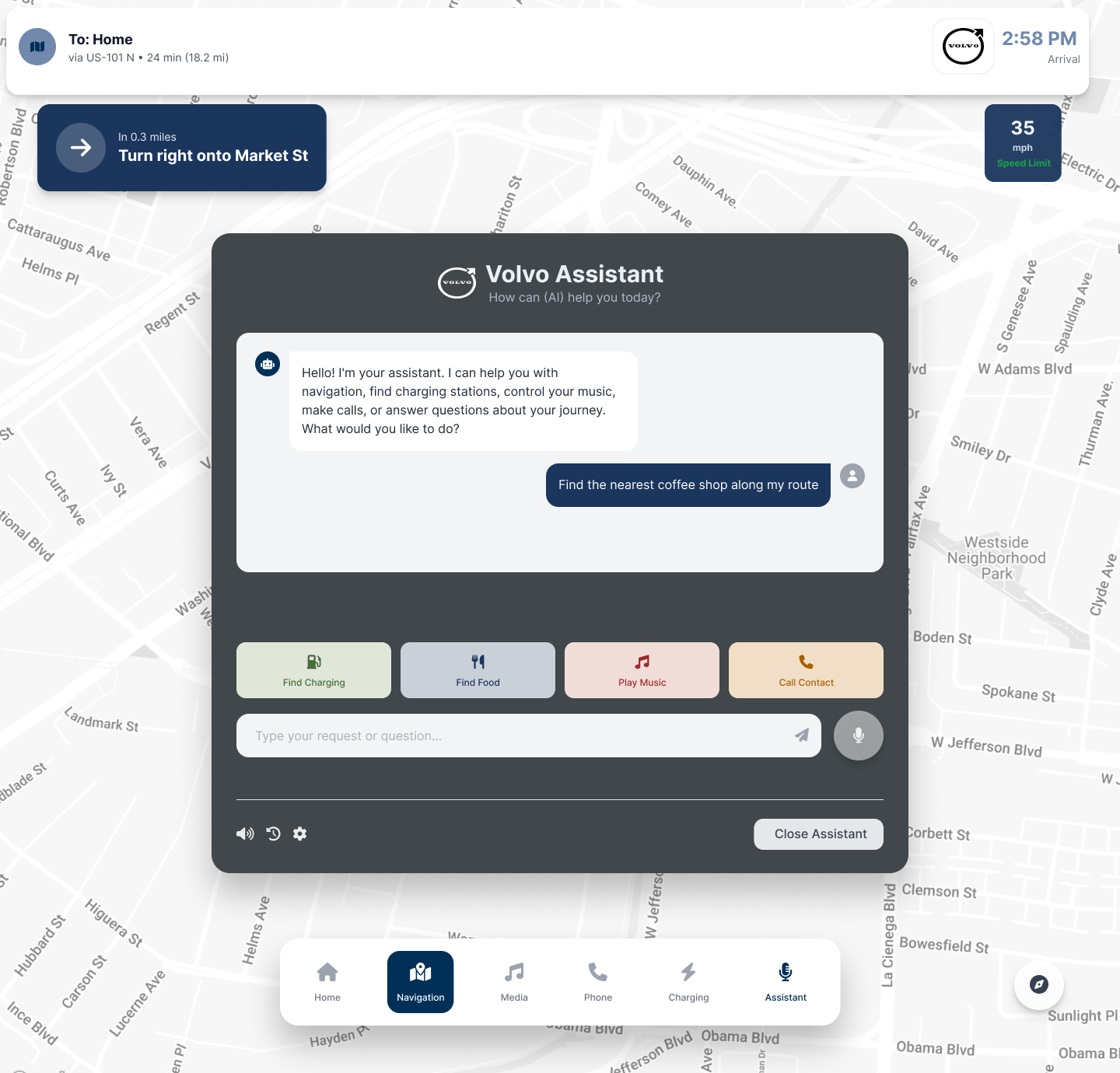 Volvo enhanced Voice Assistant view with chat support and navigation in-progress