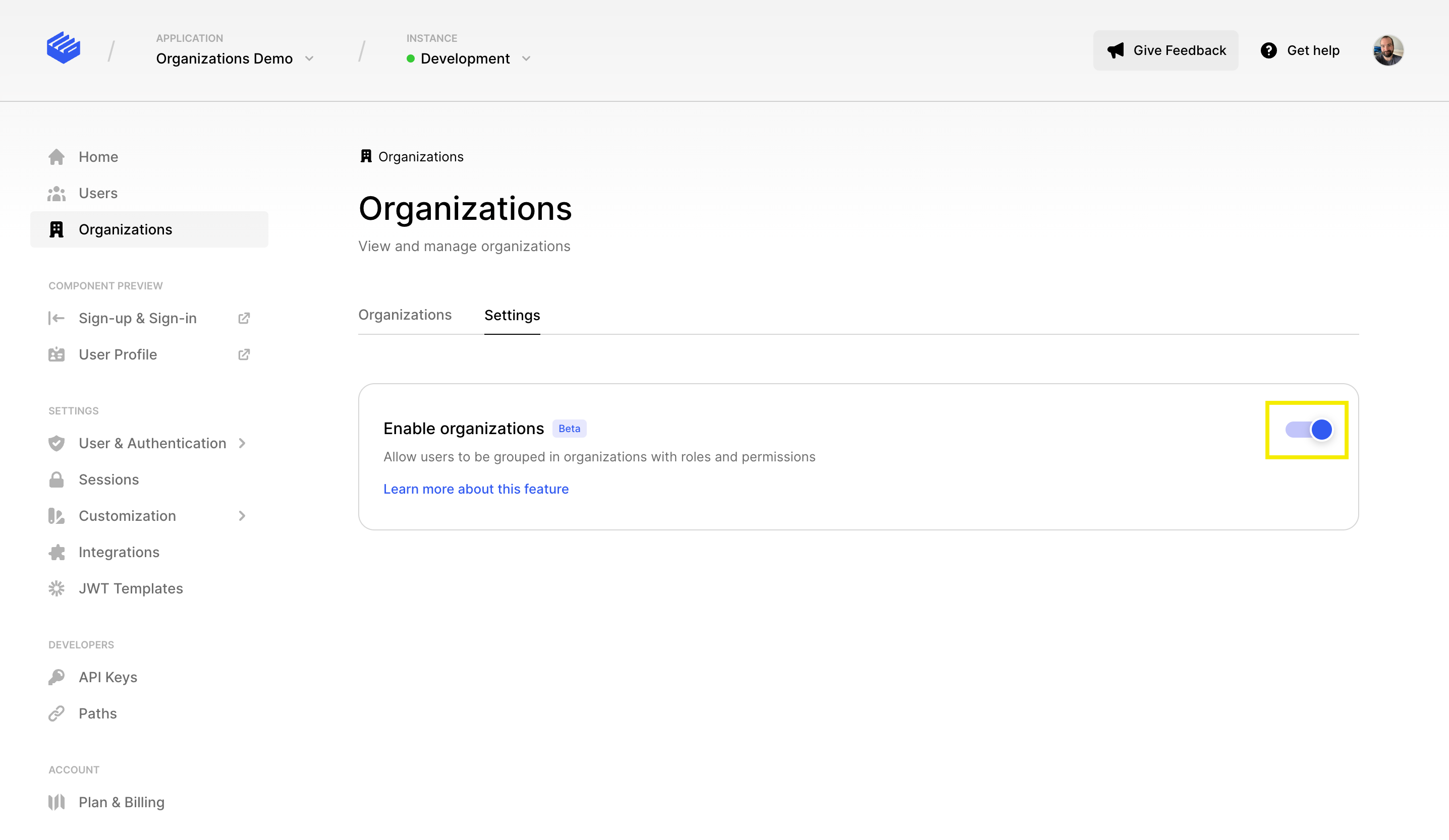 Enable organizations feature from Organizations settings screen