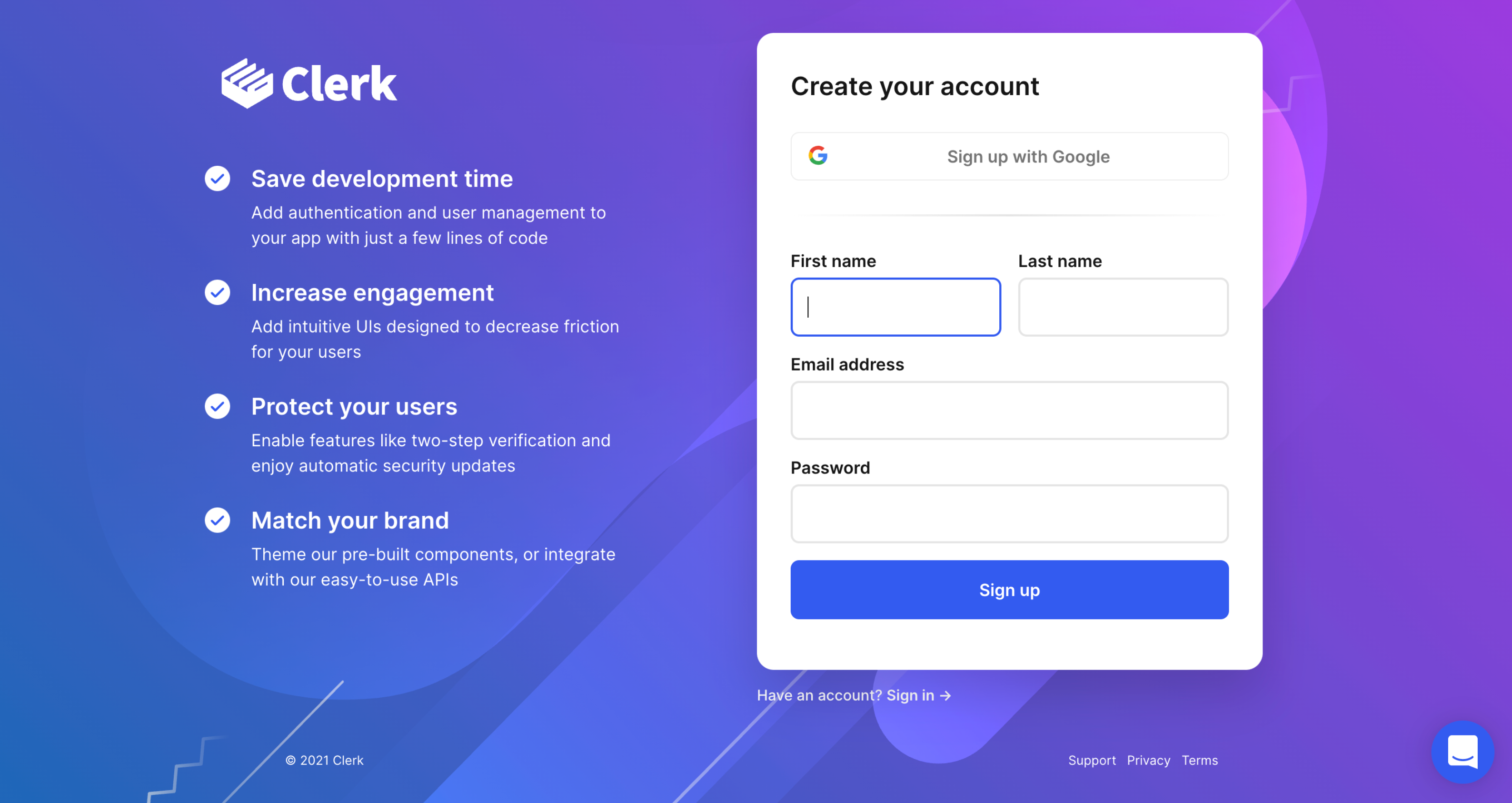 Pre-built Clerk <SignUp/> component with Google social login, mounted in a NextJS app