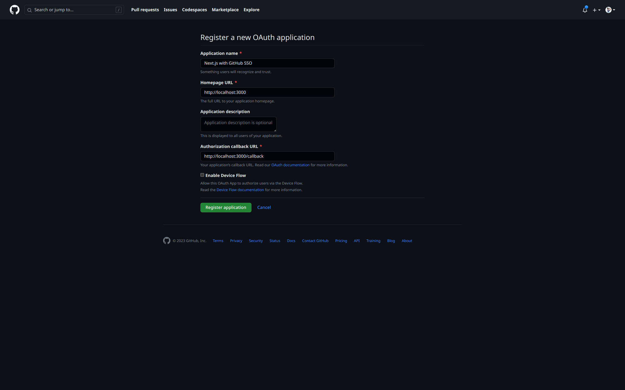 GitHub OAuth creation page
