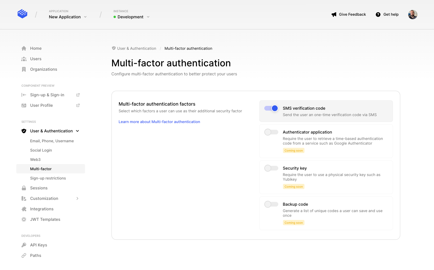 Multifactor authentication configuration screen