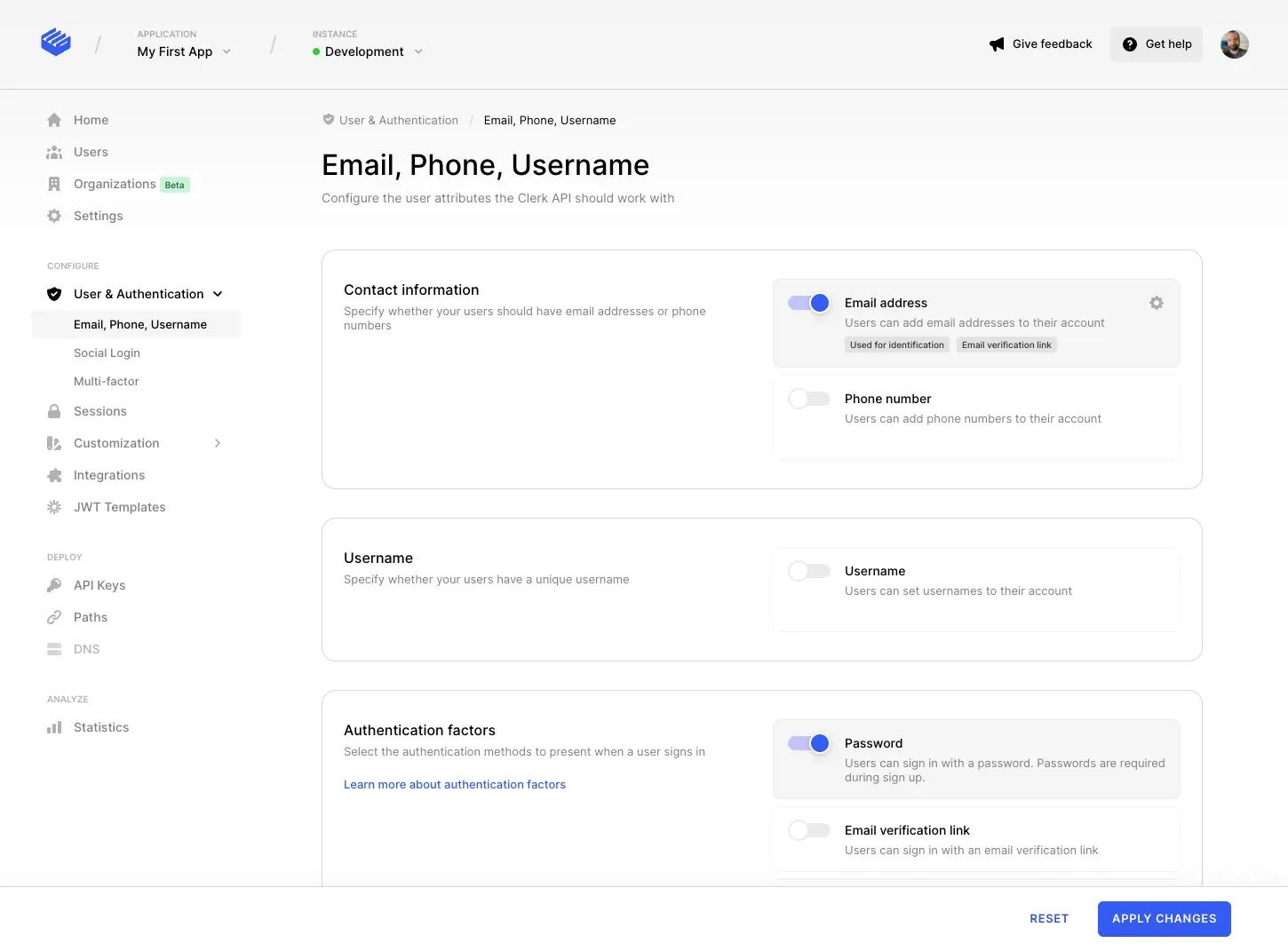 user and authentication dashboard