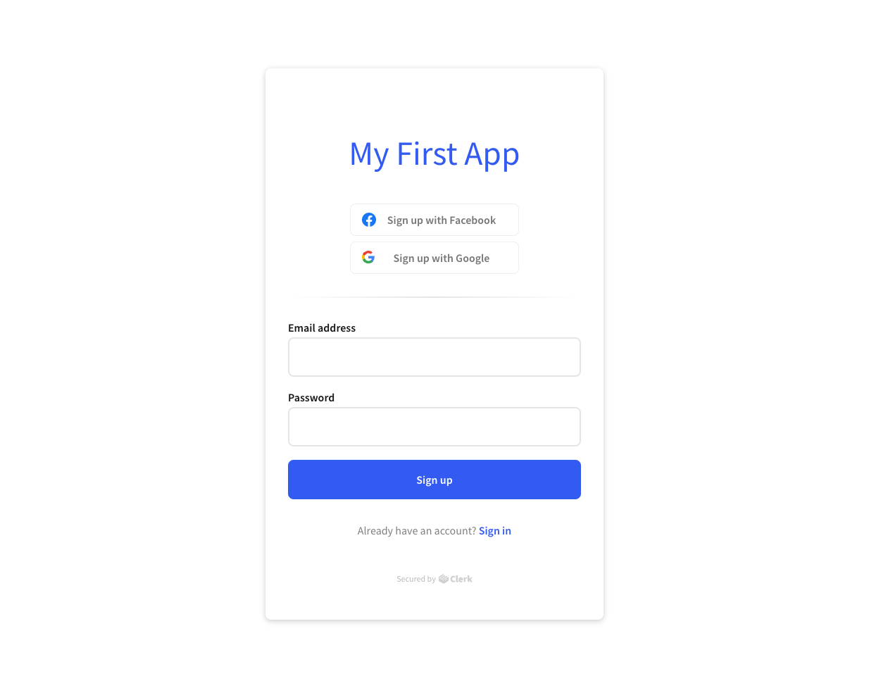 Sign in page with Facebook and Google providers