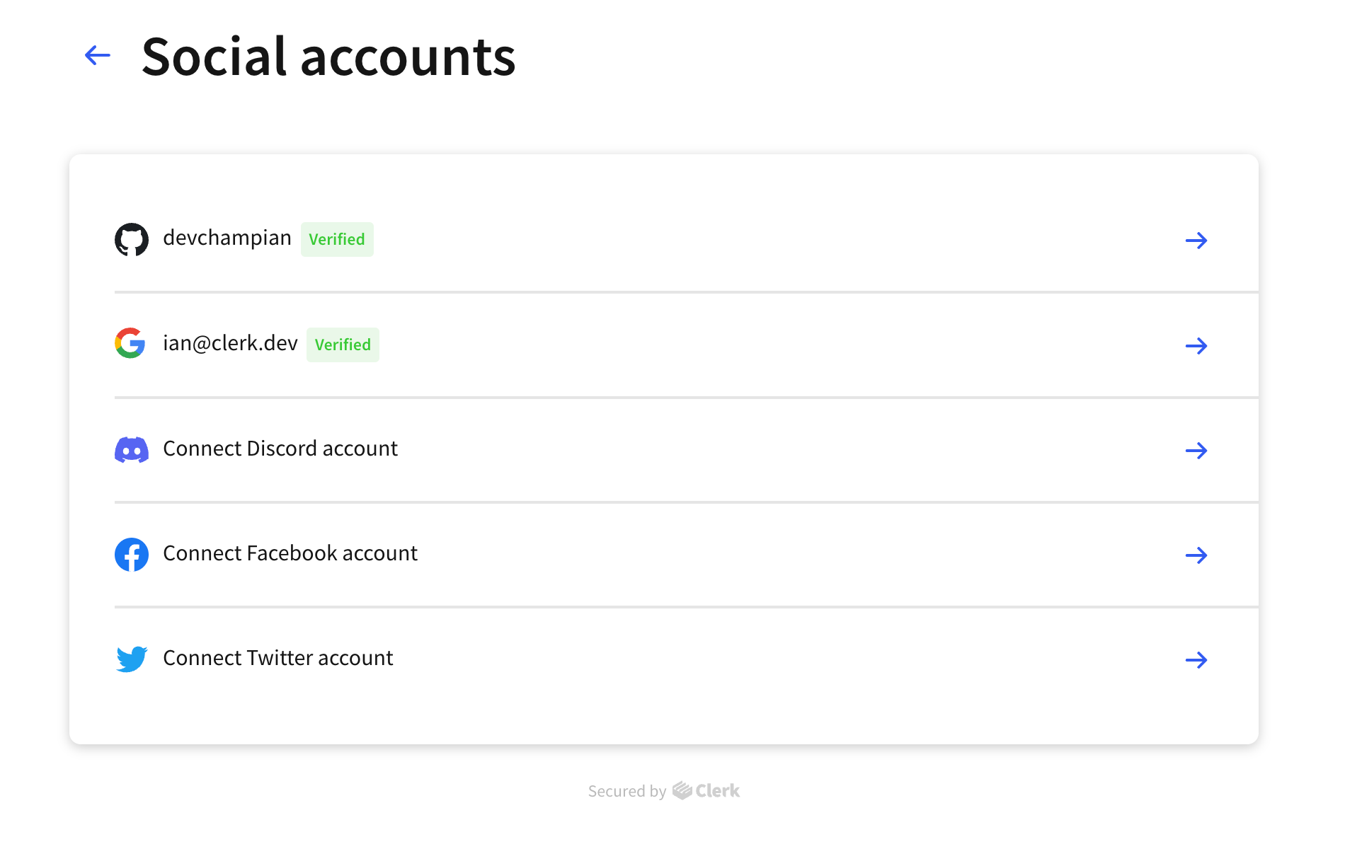 Social accounts section of User Profile
