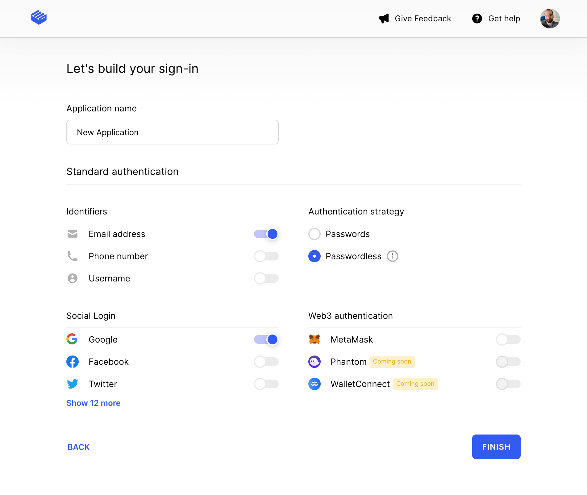 Sign-up screen displaying configurable options