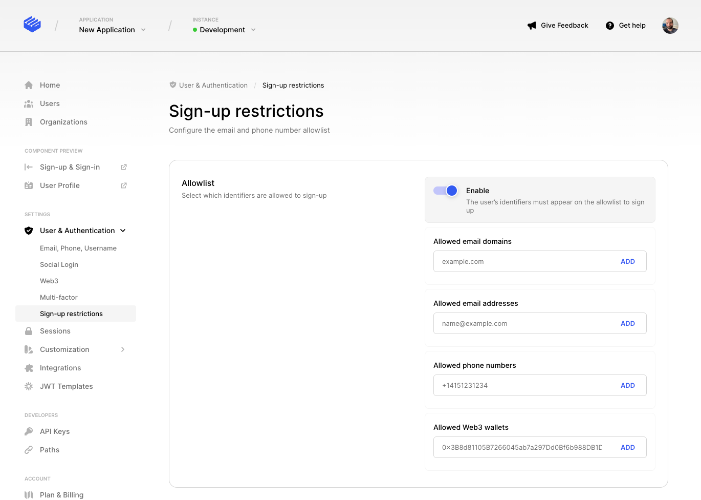 Sign-up restrictions configuration screen