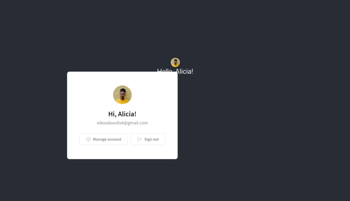 The home page showing an expanded <UserButton/> and the user's first name