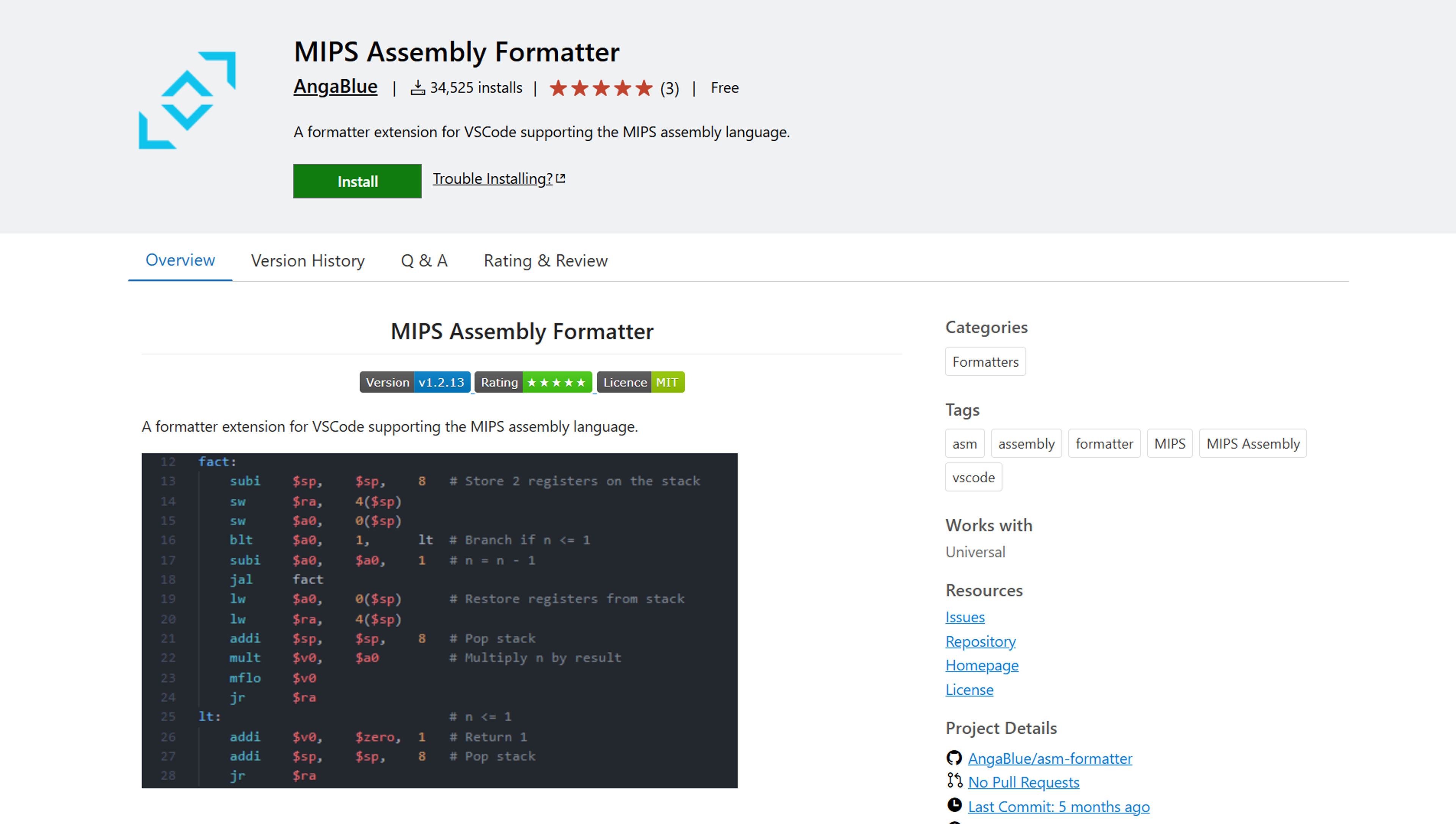 MIPS Assembly Formatter on the Visual Studio Marketplace