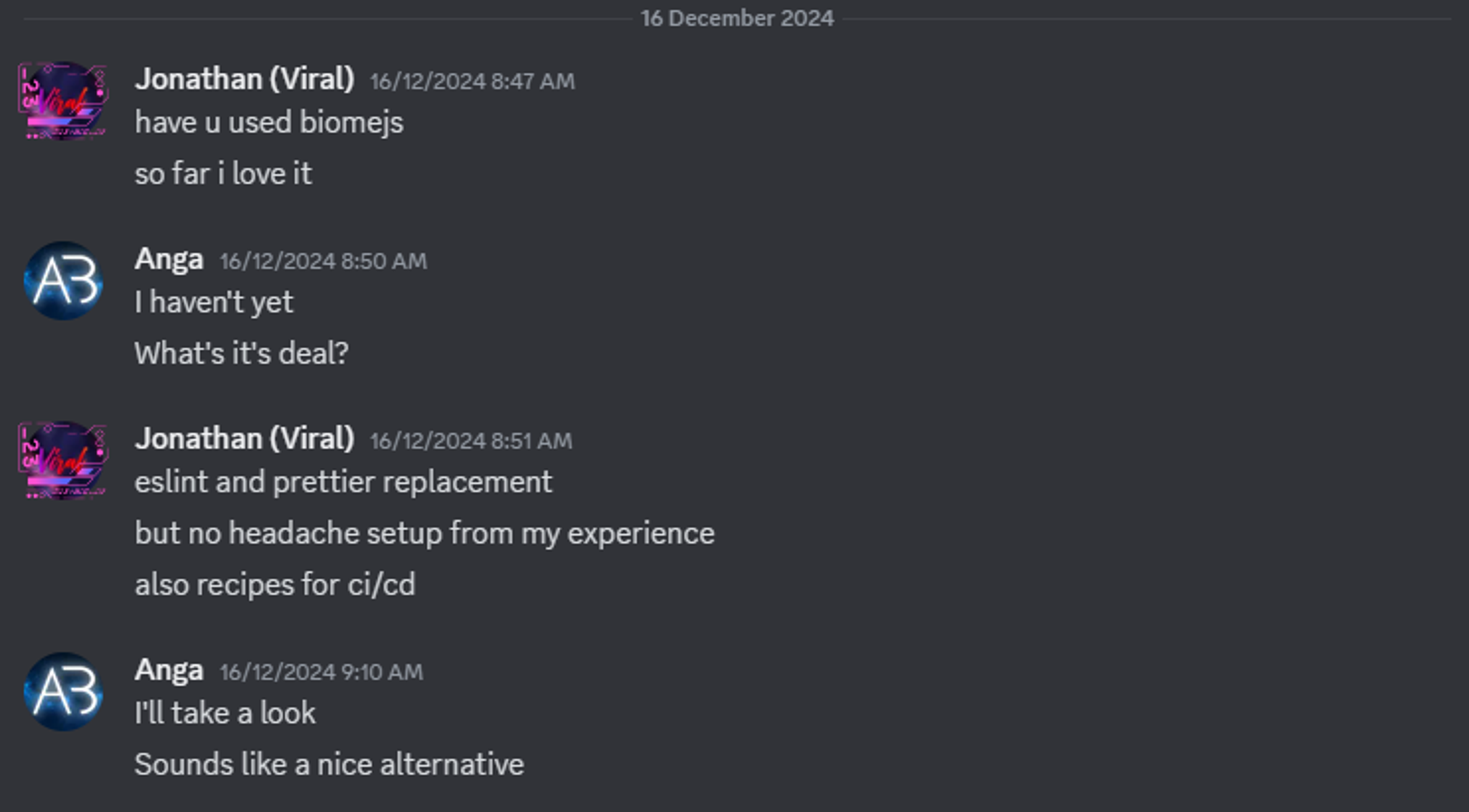 Discord messages of my colleague introducing me to Biome.js