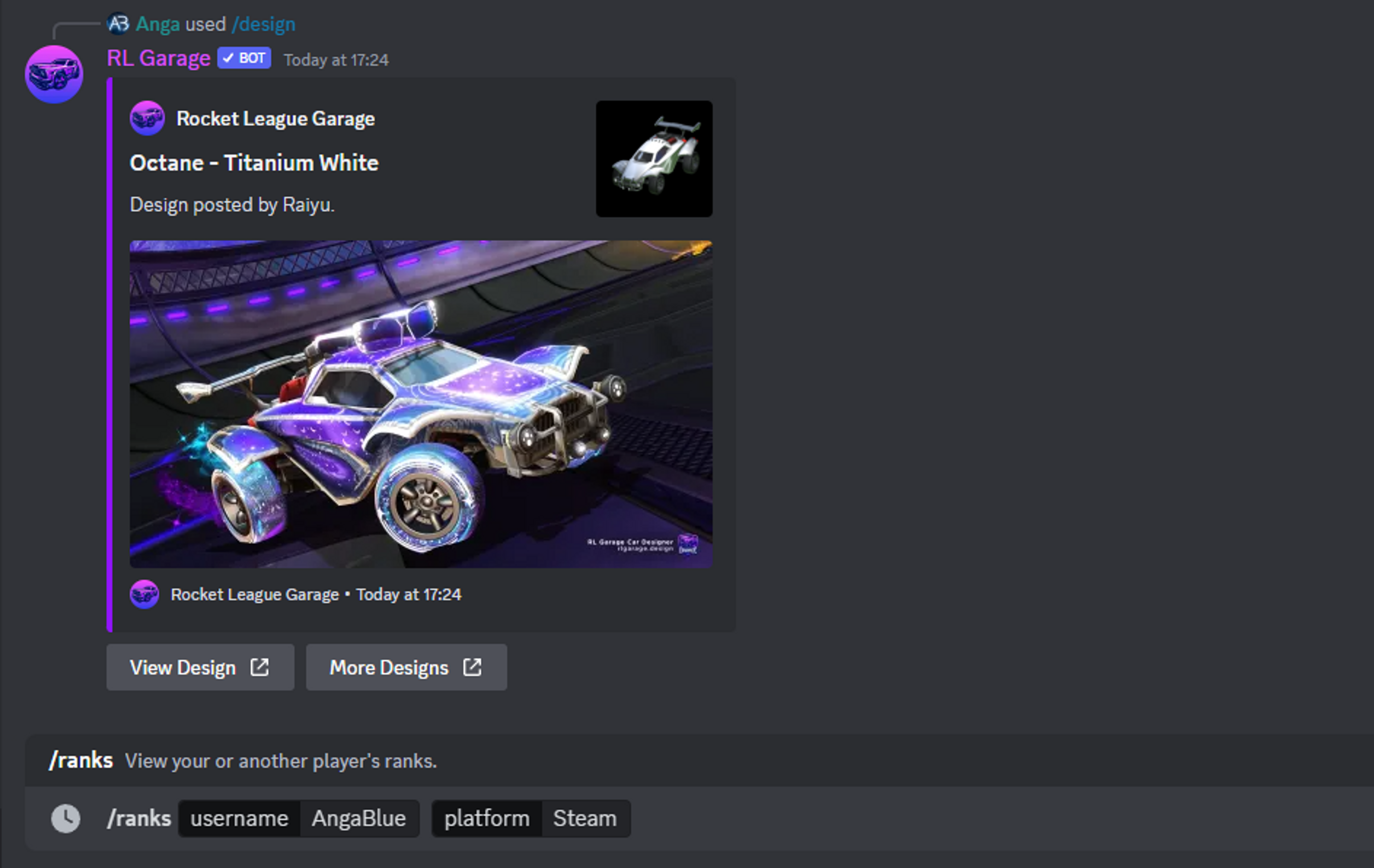 Rocket League Garage Discord Bot user interface