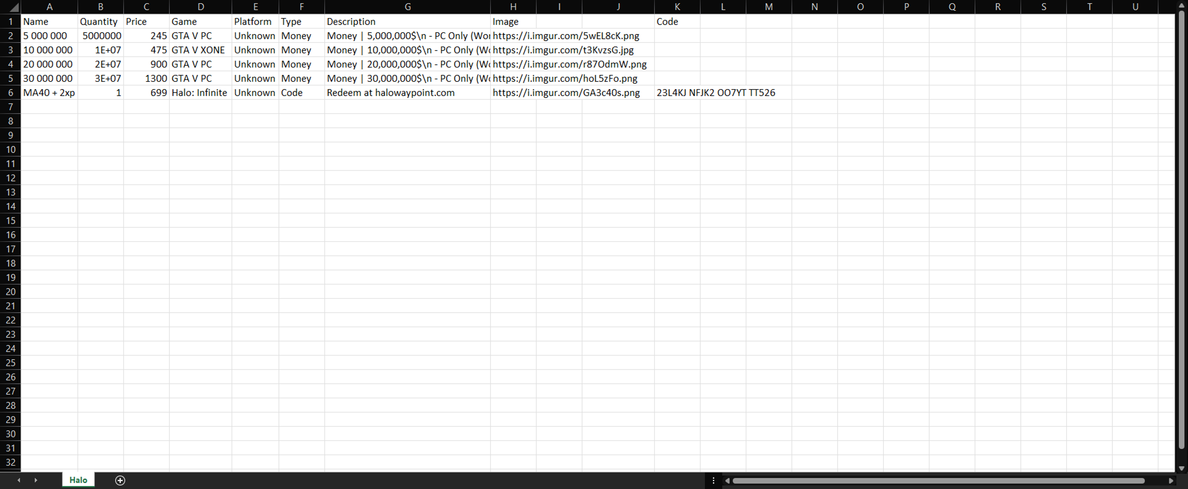 Gameflip listing Excel spreadsheet