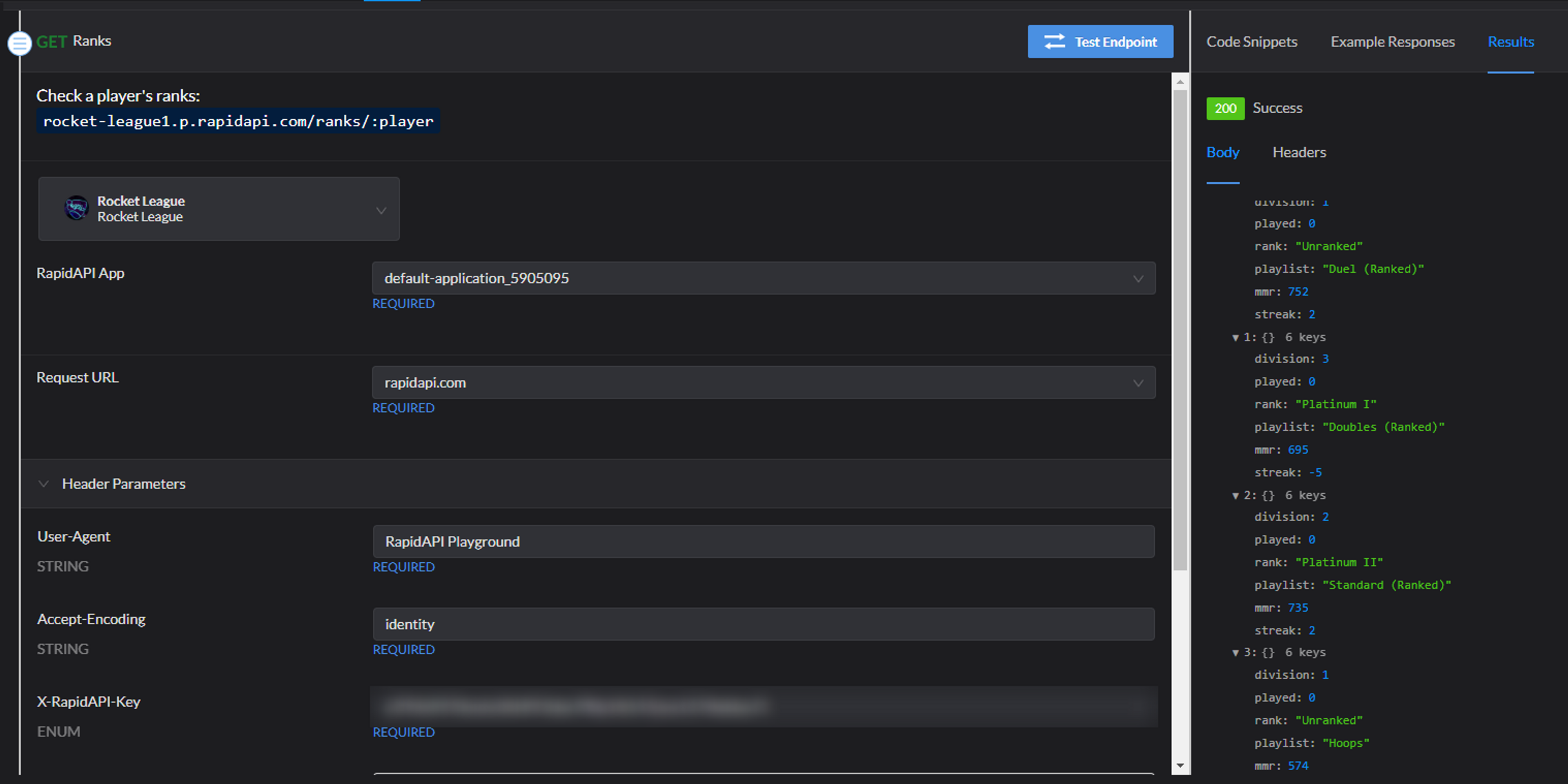 Rocket League API ranks endpoint in the Rapid API playground
