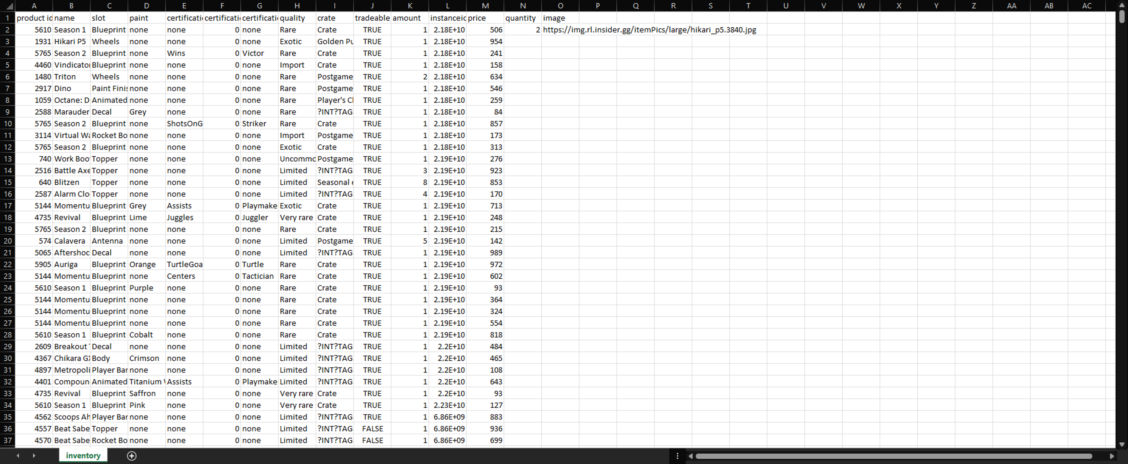 Gameflip Rocket League listings spreadsheet