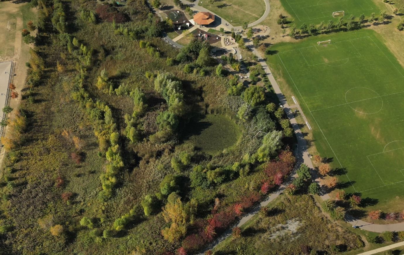 A drone photo of O’Connor Park Wetland.