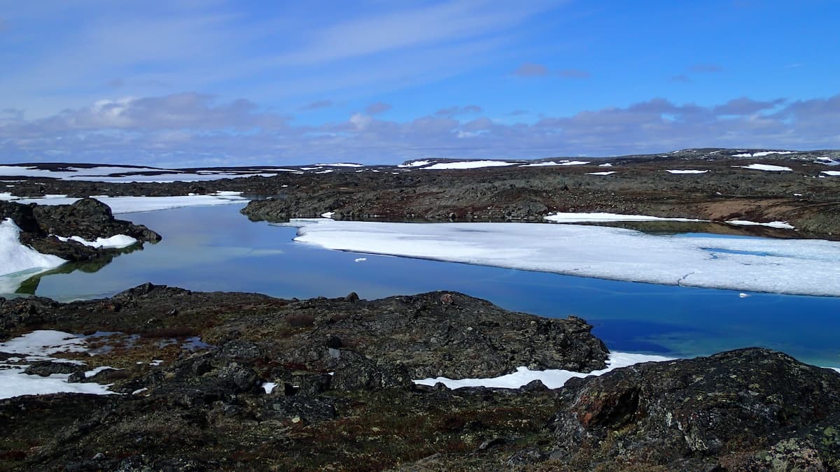 A slighly frozen rocky riverbed in the Tundra.