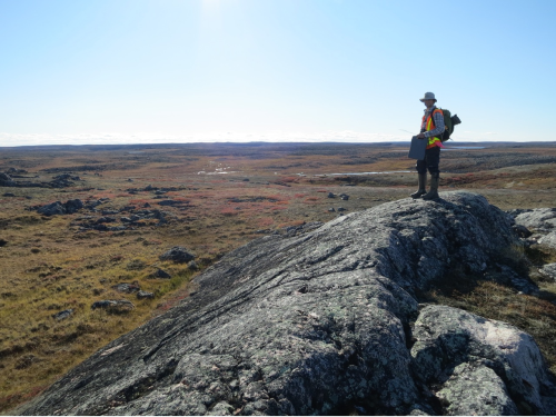 An ecologist surveying on hilltop. 