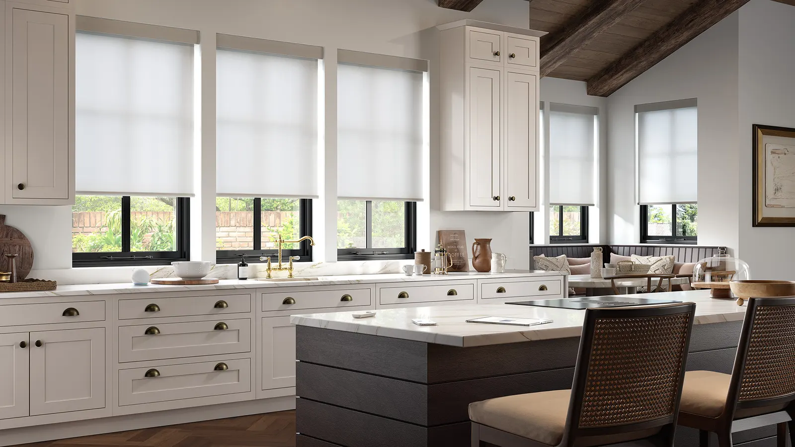 Motorized roller shades lowering in a modern living room