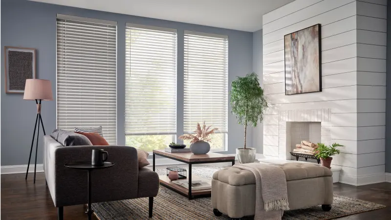 Faux wood blinds in a kitchen