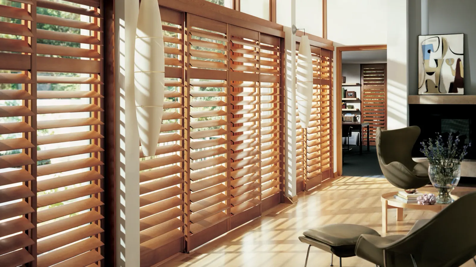Plantation shutters in a sunlit dining room