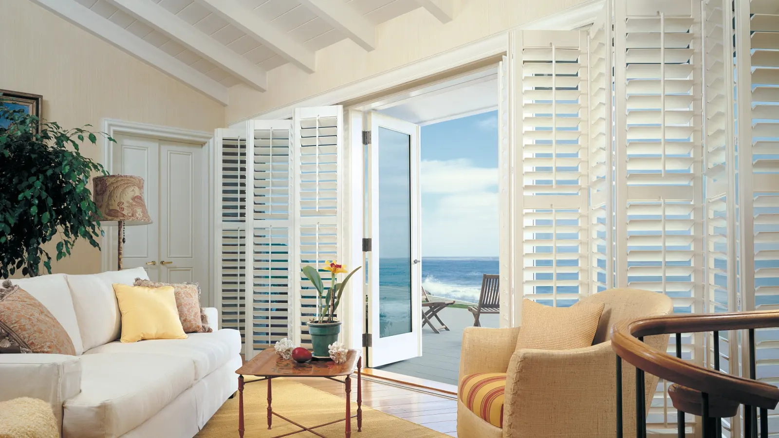 Painted wood plantation shutters in a bathroom